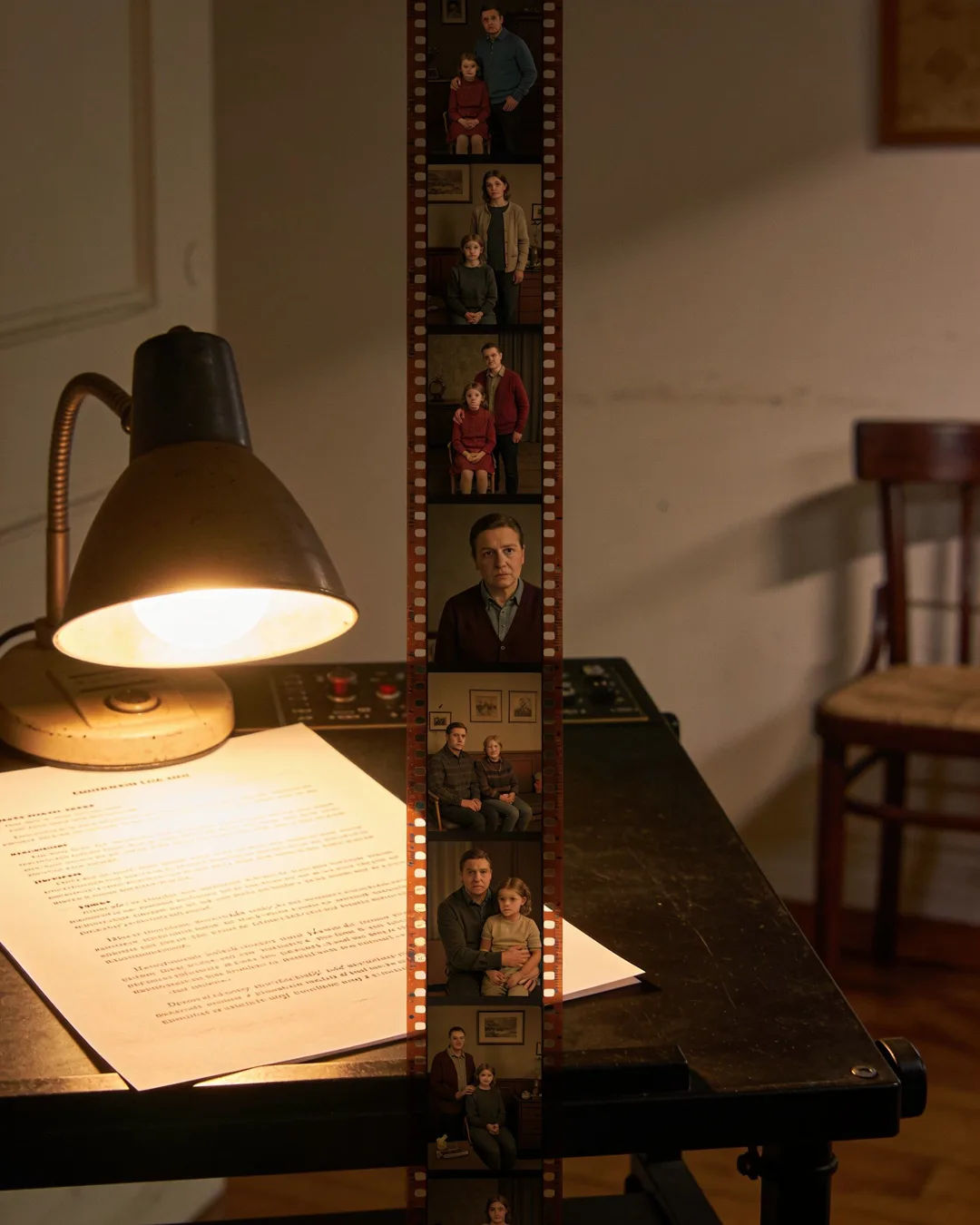 A screenplay page under a desk lamp beside a strip of film frames from a Slovak family drama