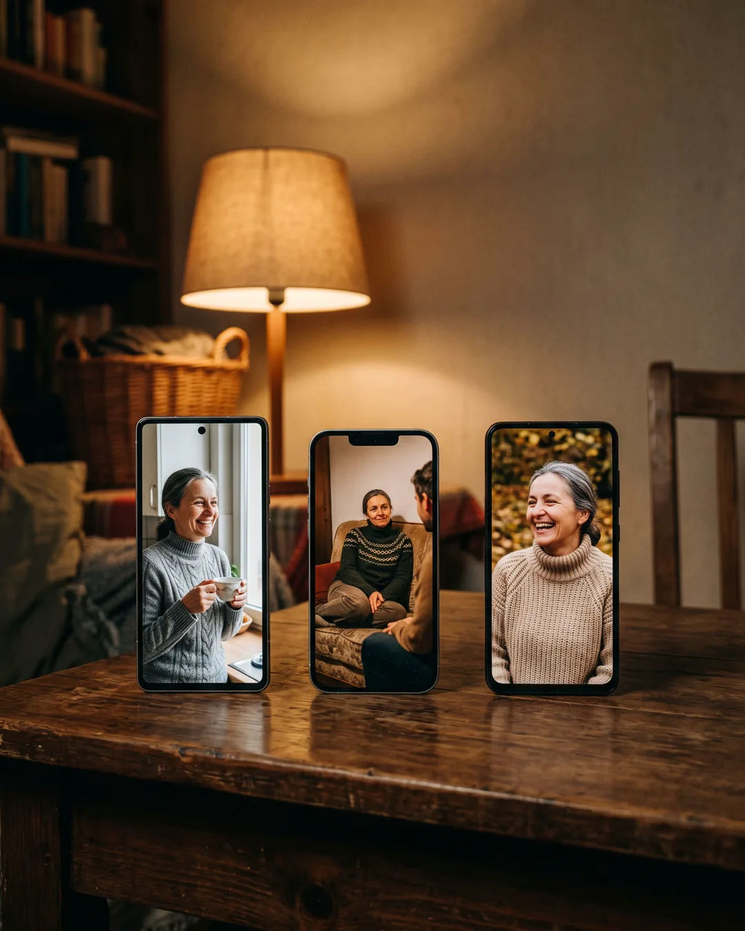 The same Slovak woman in a wool sweater on three vertical phone screens