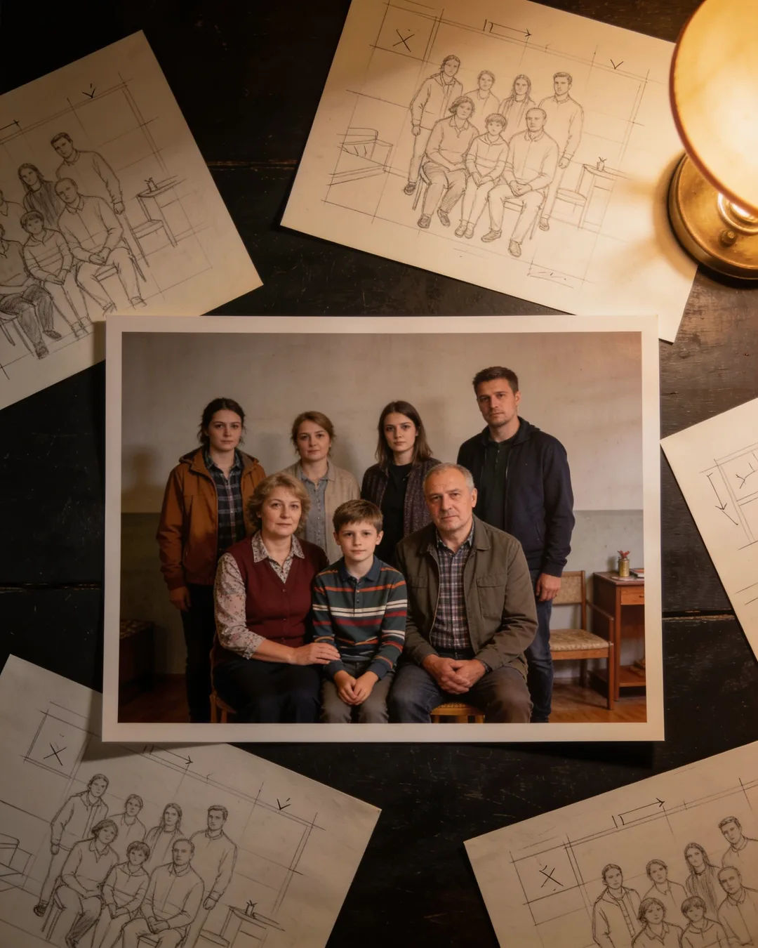 Pencil storyboard sketches around a finished photo of a Slovak family scene
