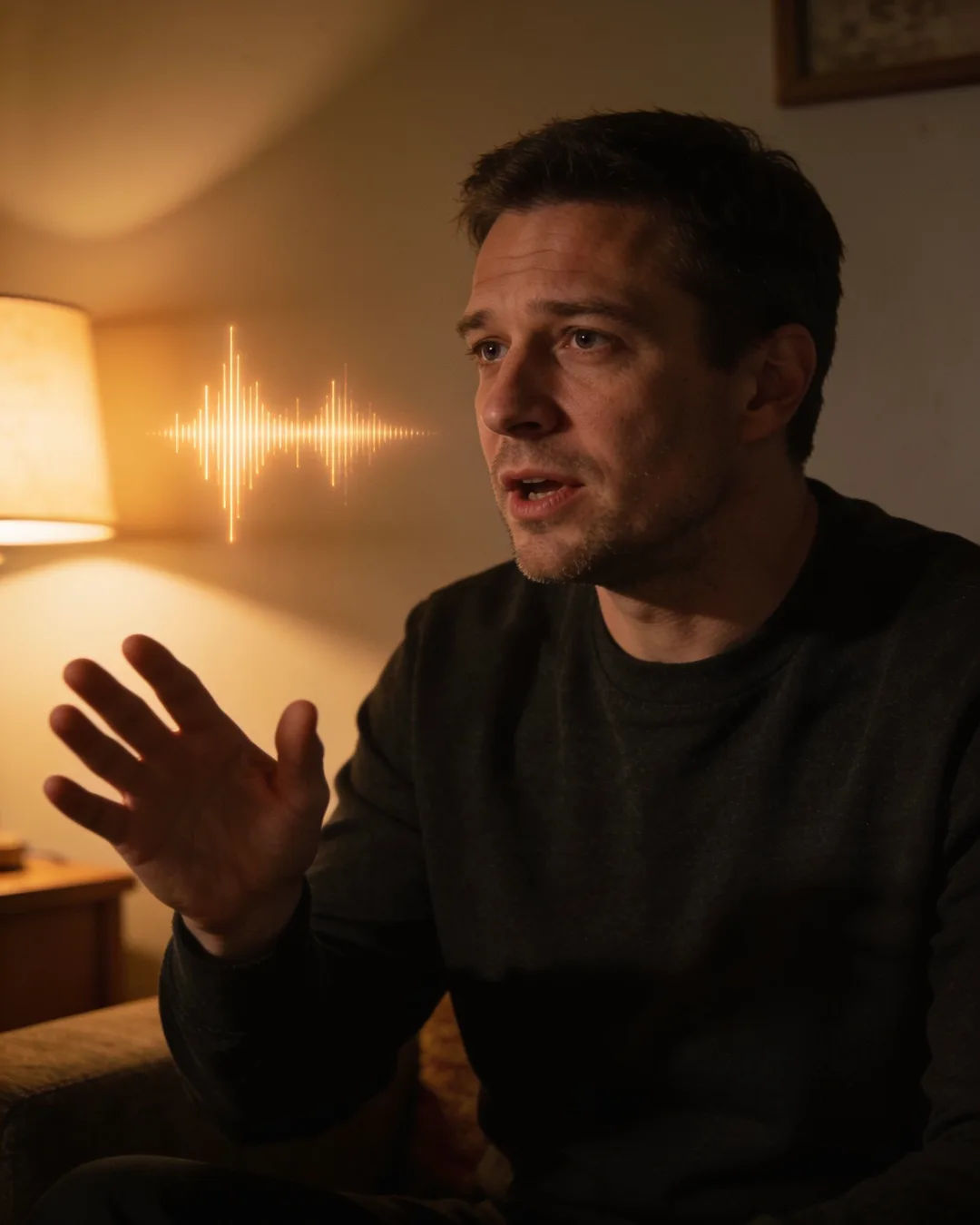A Slovak man speaking at home at night, a sound waveform beside him