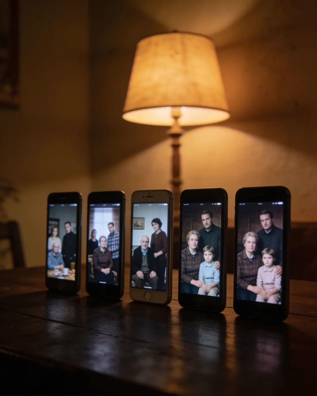 A row of phones showing episodes of the same Slovak drama series