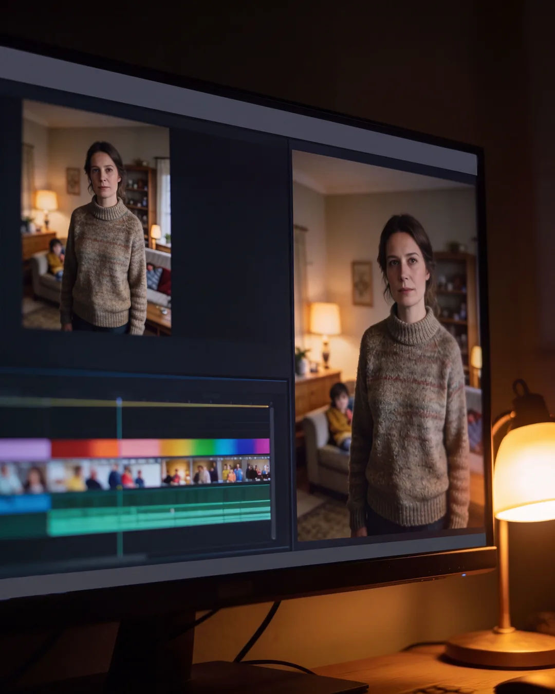 An editing suite with a vertical frame of a woman in a wool sweater above a timeline