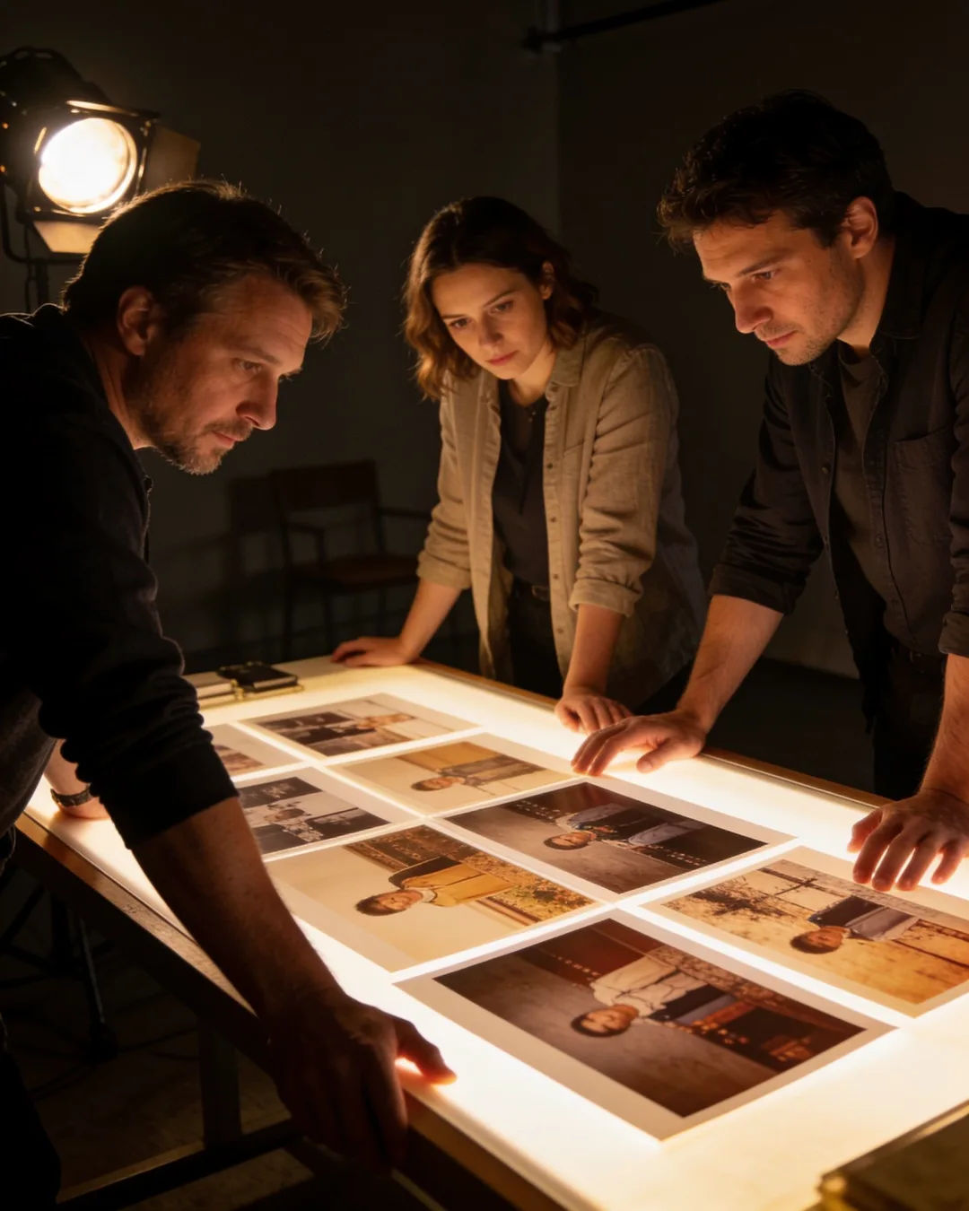 A Slovak production team reviewing printed frames on a lit table