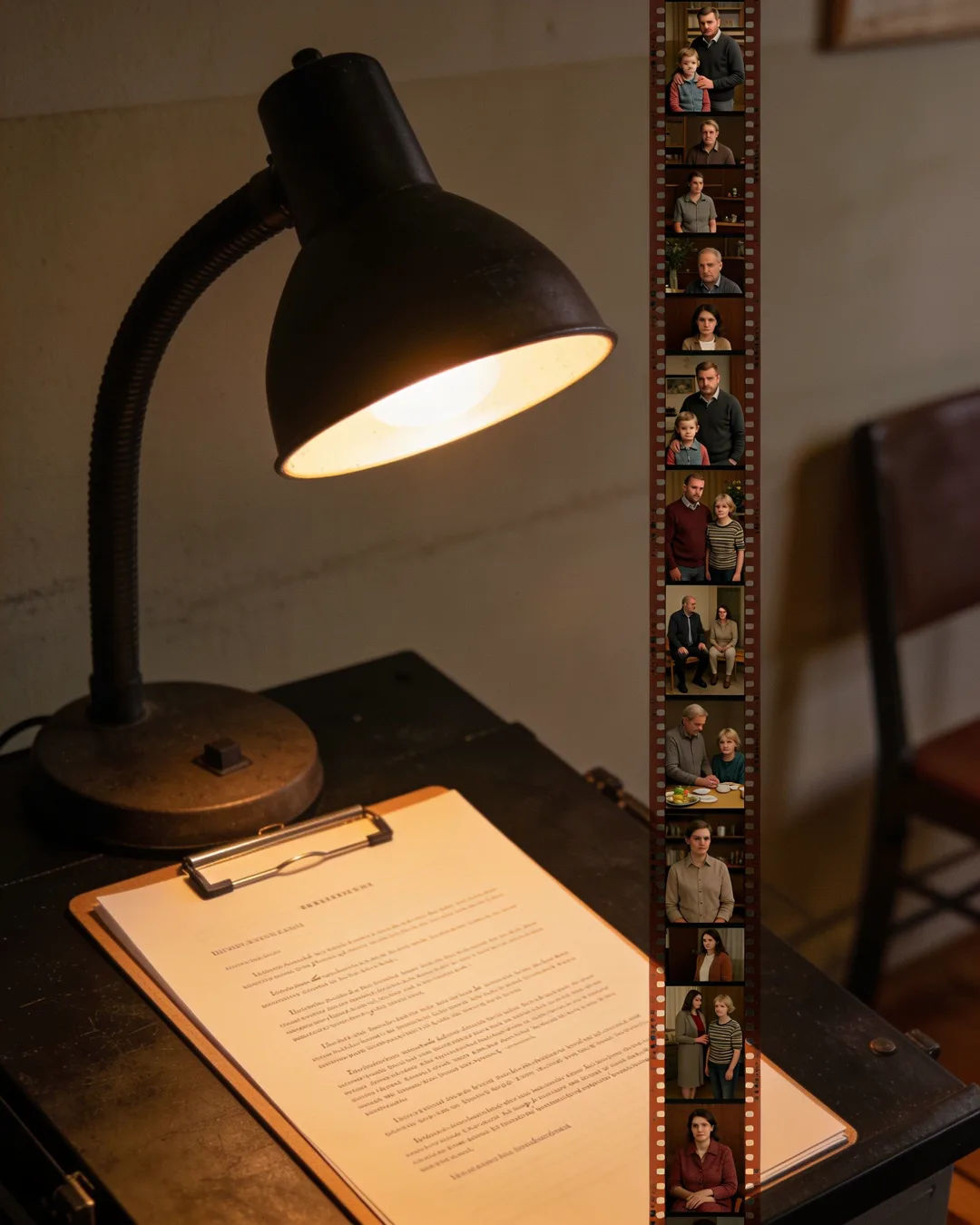 A screenplay page under a desk lamp beside a strip of film frames from a Slovenian family drama