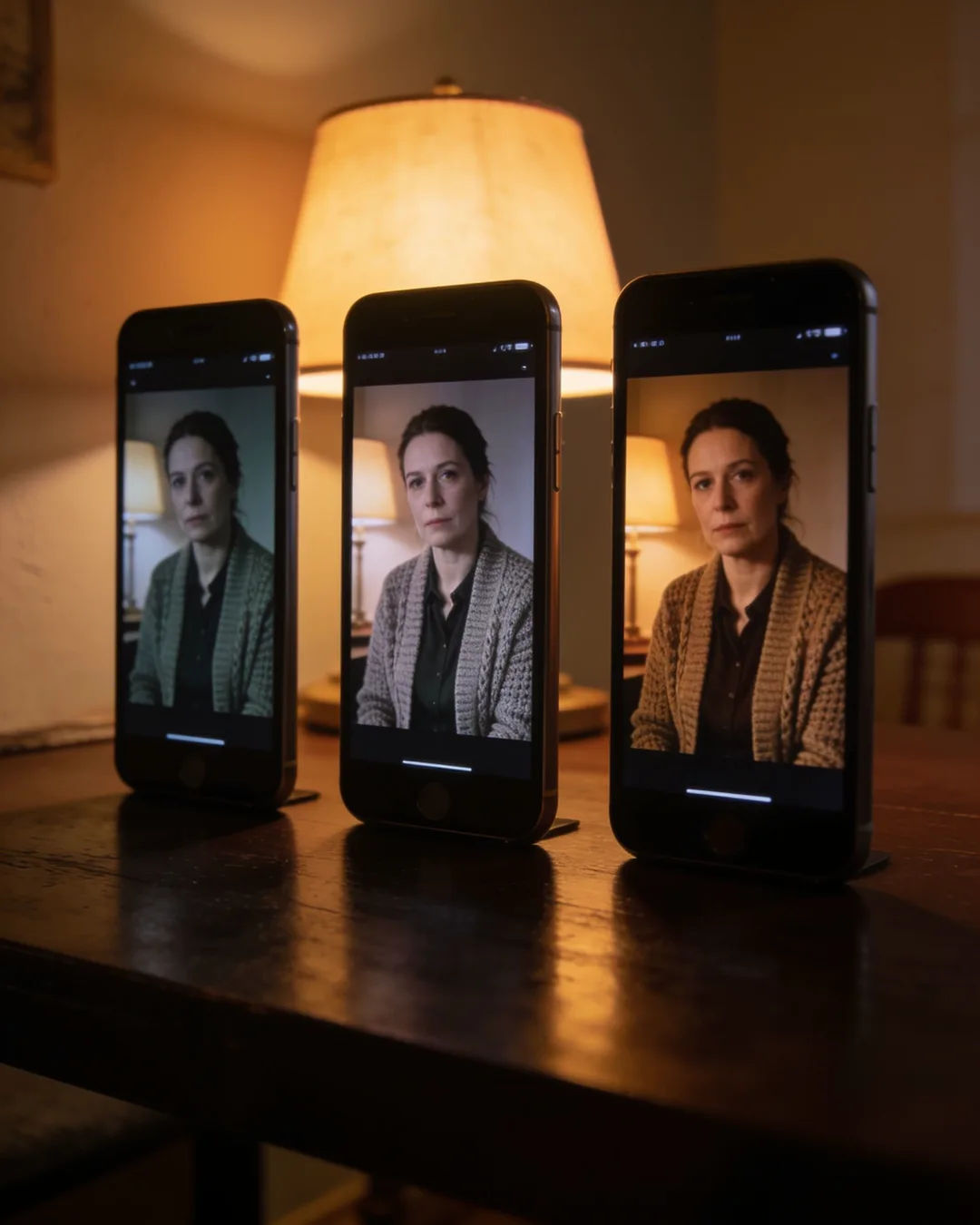 The same Slovenian woman in a knit cardigan on three vertical phone screens