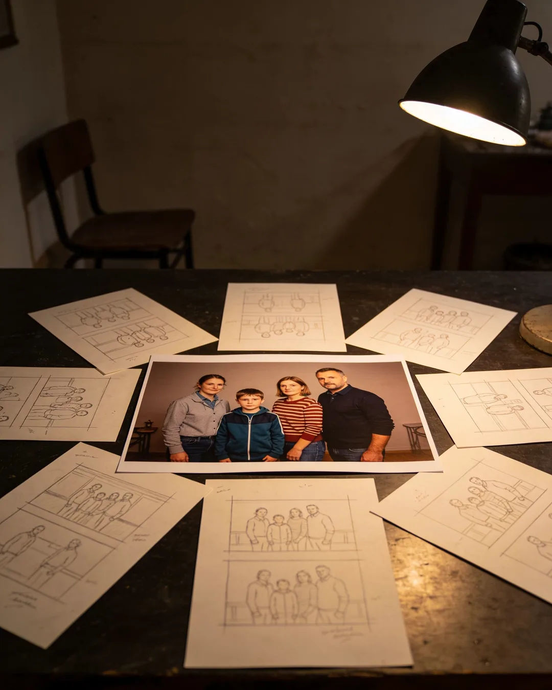 Pencil storyboard sketches around a finished photo of a Slovenian family scene