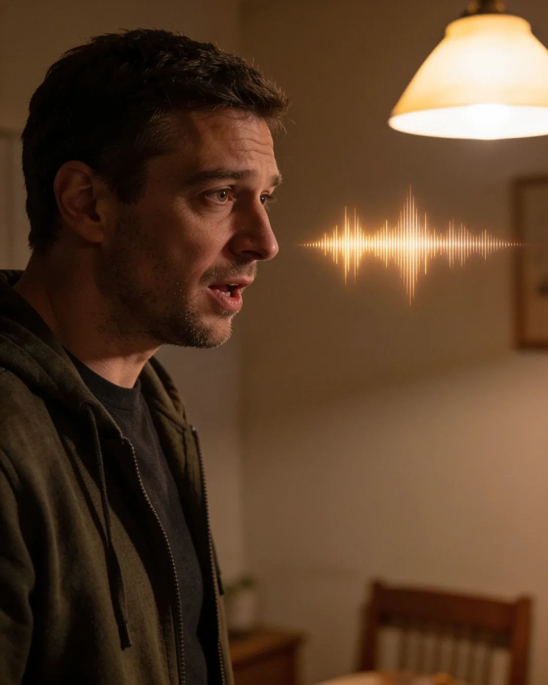 A Slovenian man speaking at home at night, a sound waveform beside him