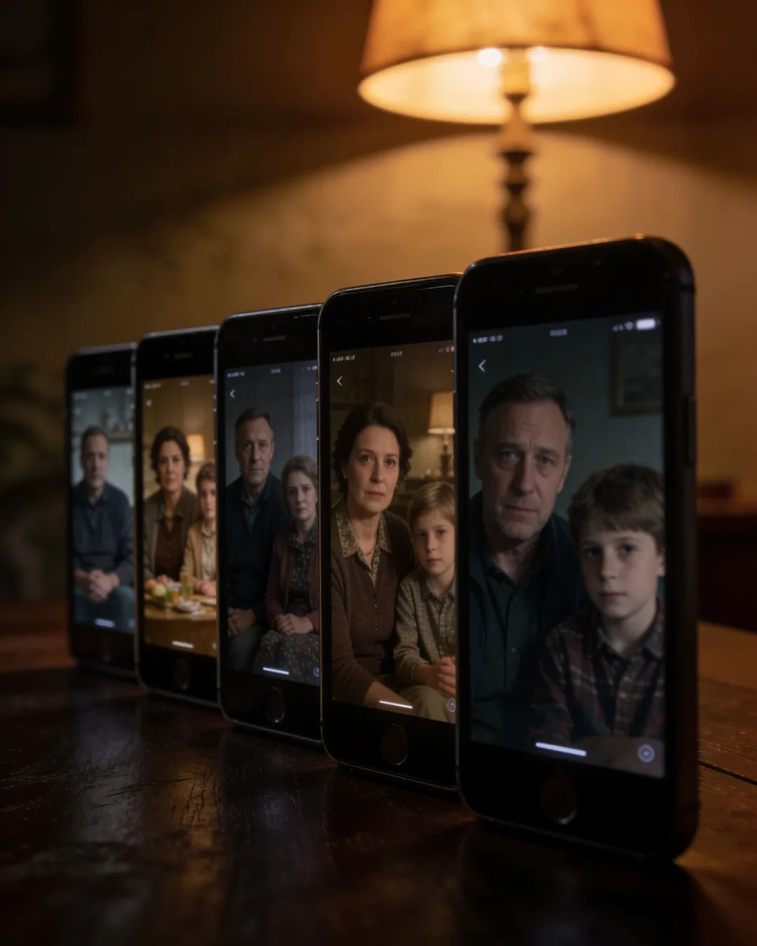 A row of phones showing episodes of the same Slovenian drama series