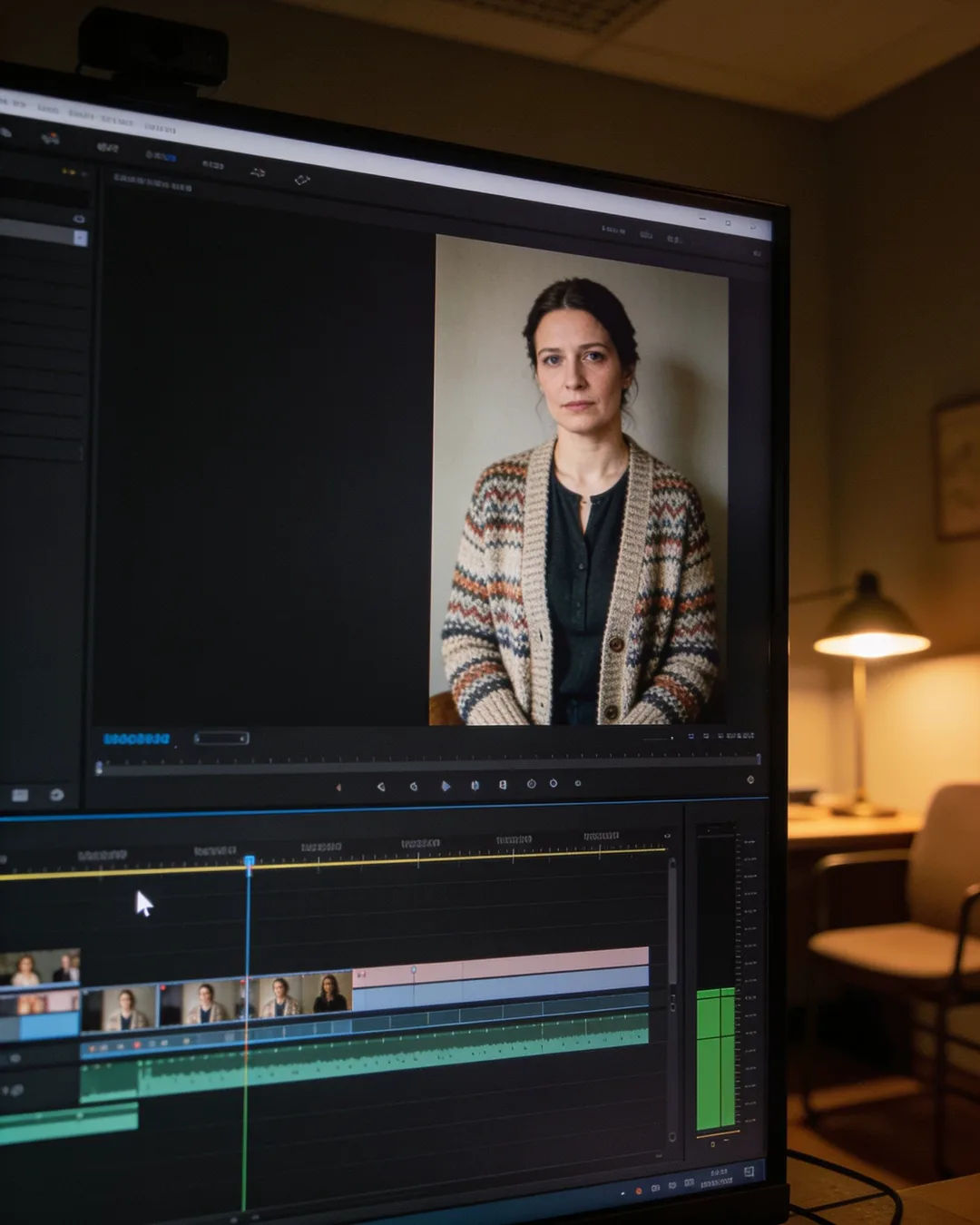 An editing suite with a vertical frame of a Slovenian woman in a knit cardigan above a timeline