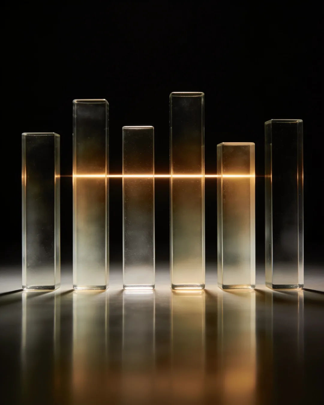 Glass columns of different heights with a glowing limit line