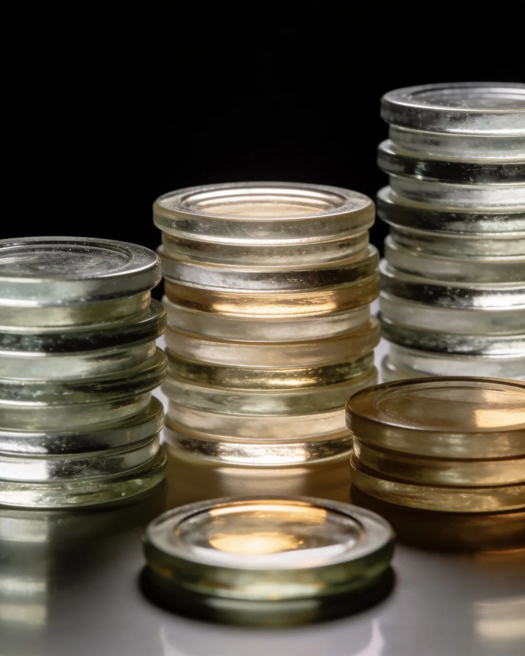 Stacks of glass tokens rising on a black ground