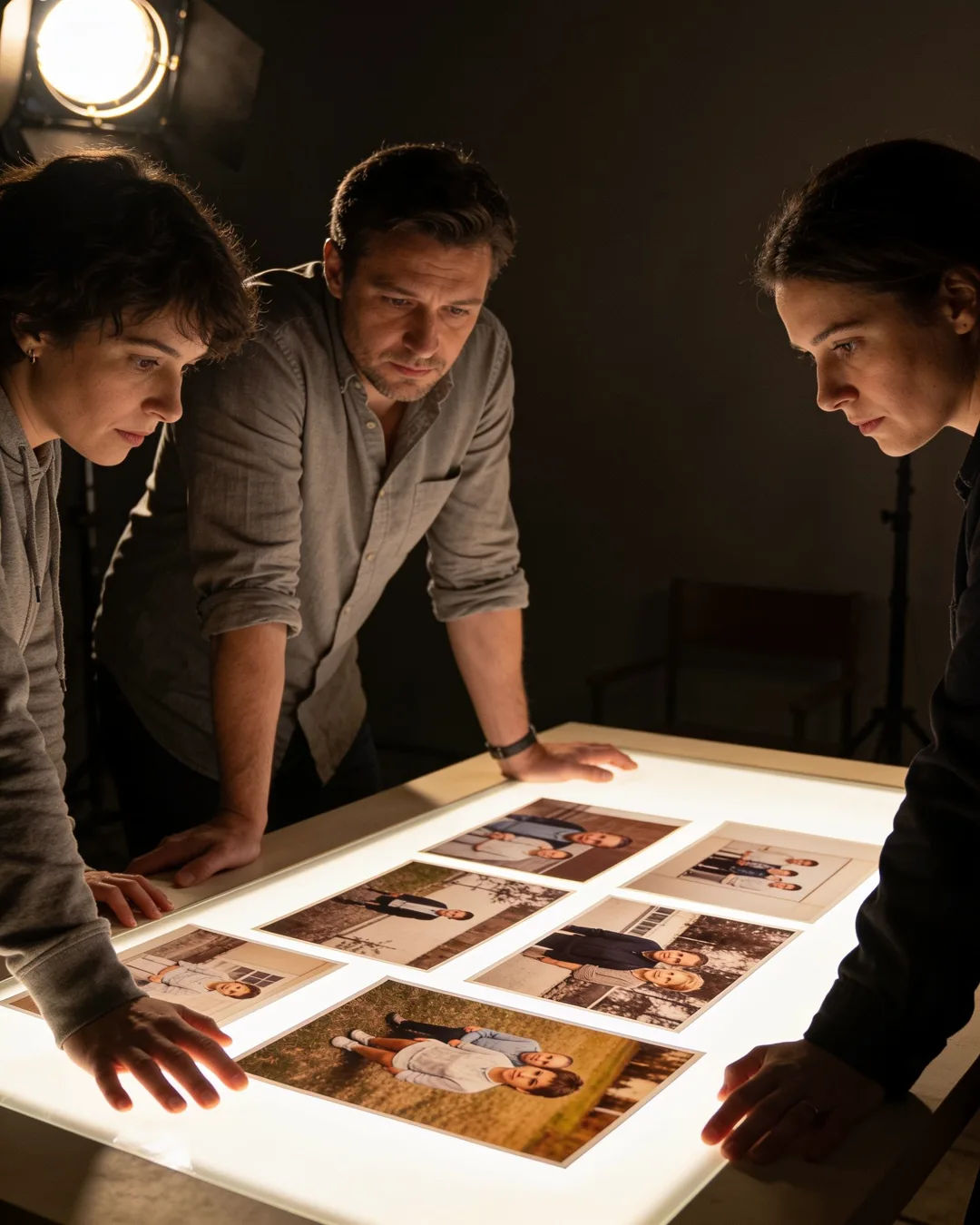A Slovenian production team reviewing printed frames on a lit table