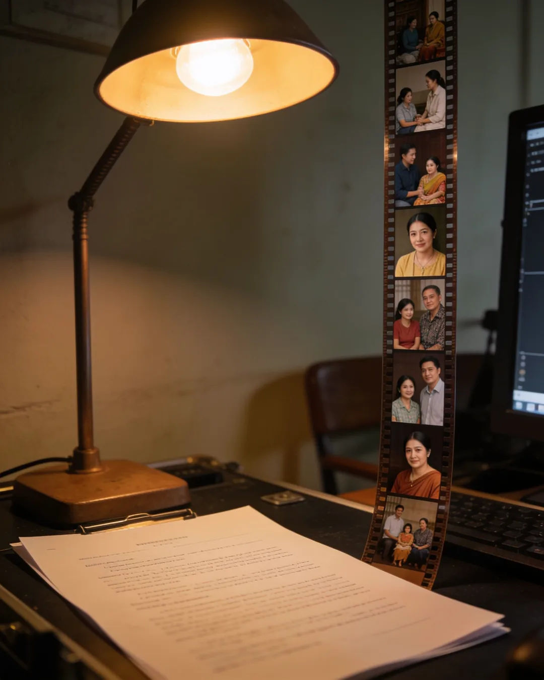 A screenplay page under a desk lamp beside a strip of film frames from a family drama