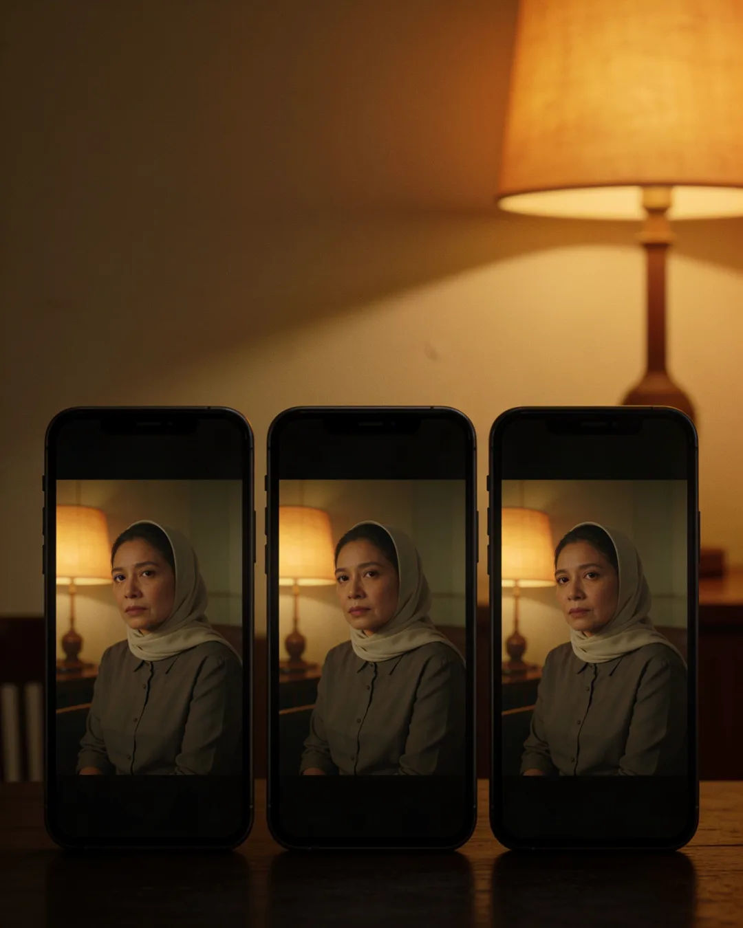 The same Sundanese Indonesian woman in a simple modern blouse with a light headscarf on three vertical phone screens