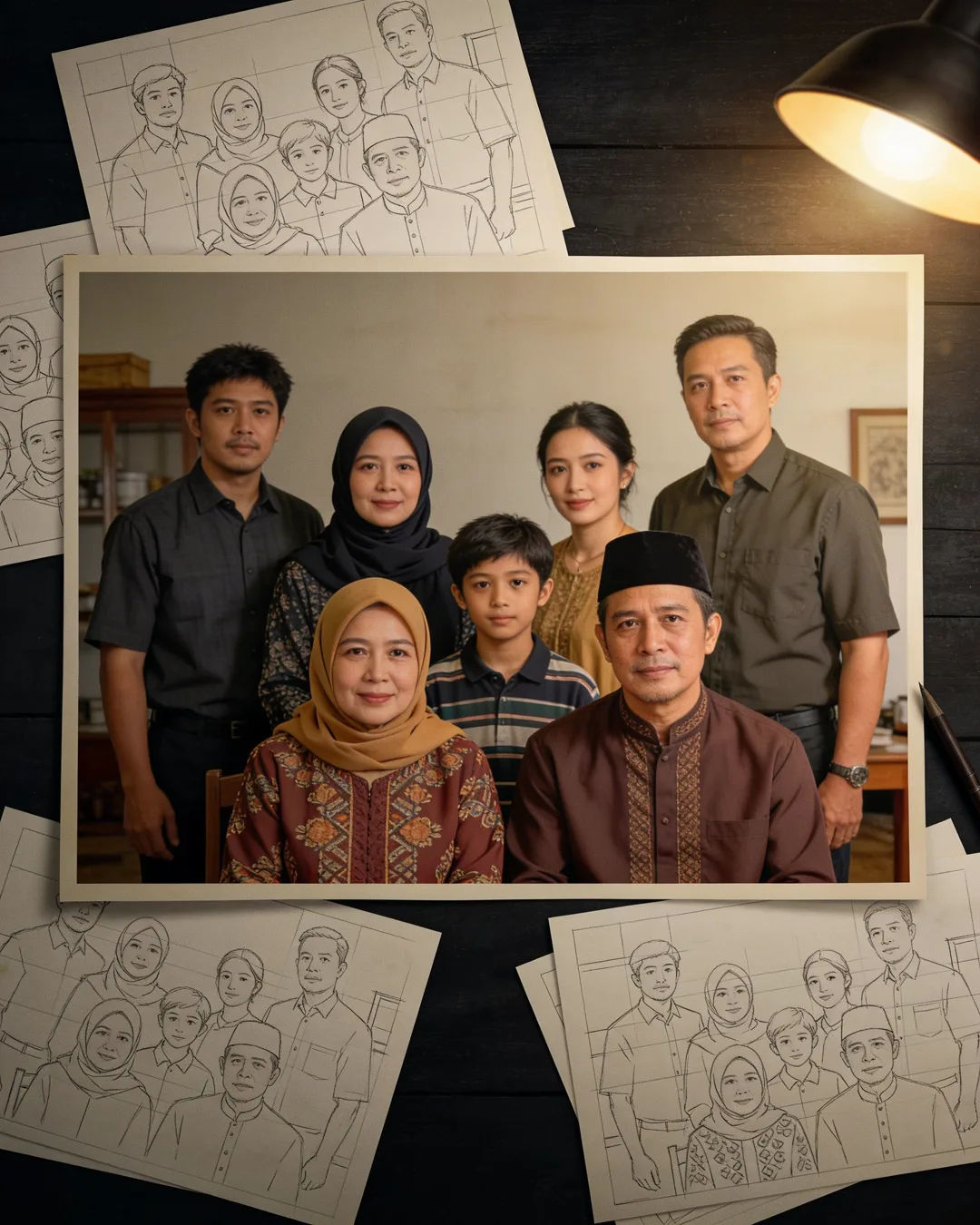 Pencil storyboard sketches around a finished photo of a Sundanese Indonesian family scene