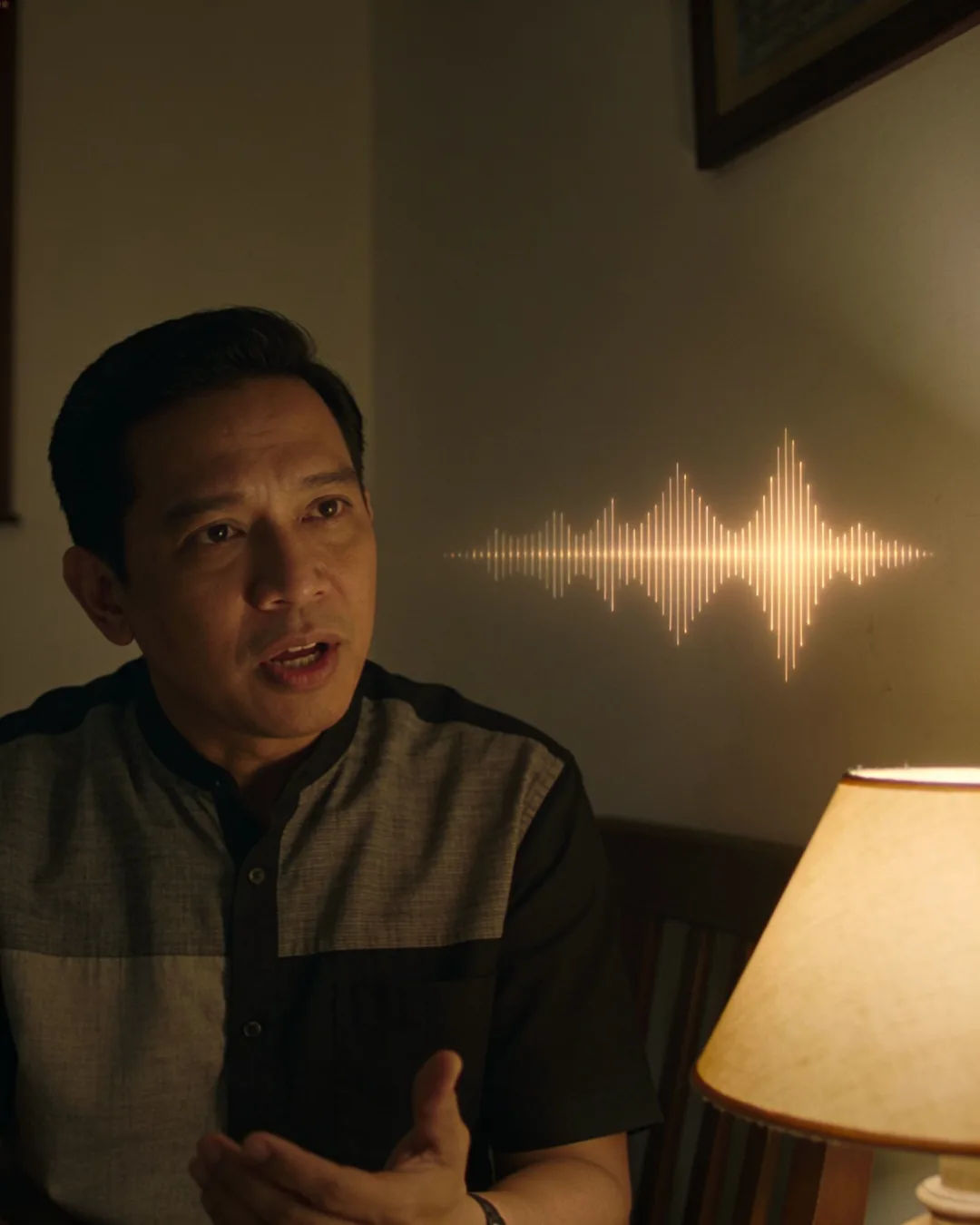 A Sundanese Indonesian man speaking at home at night, a sound waveform beside him