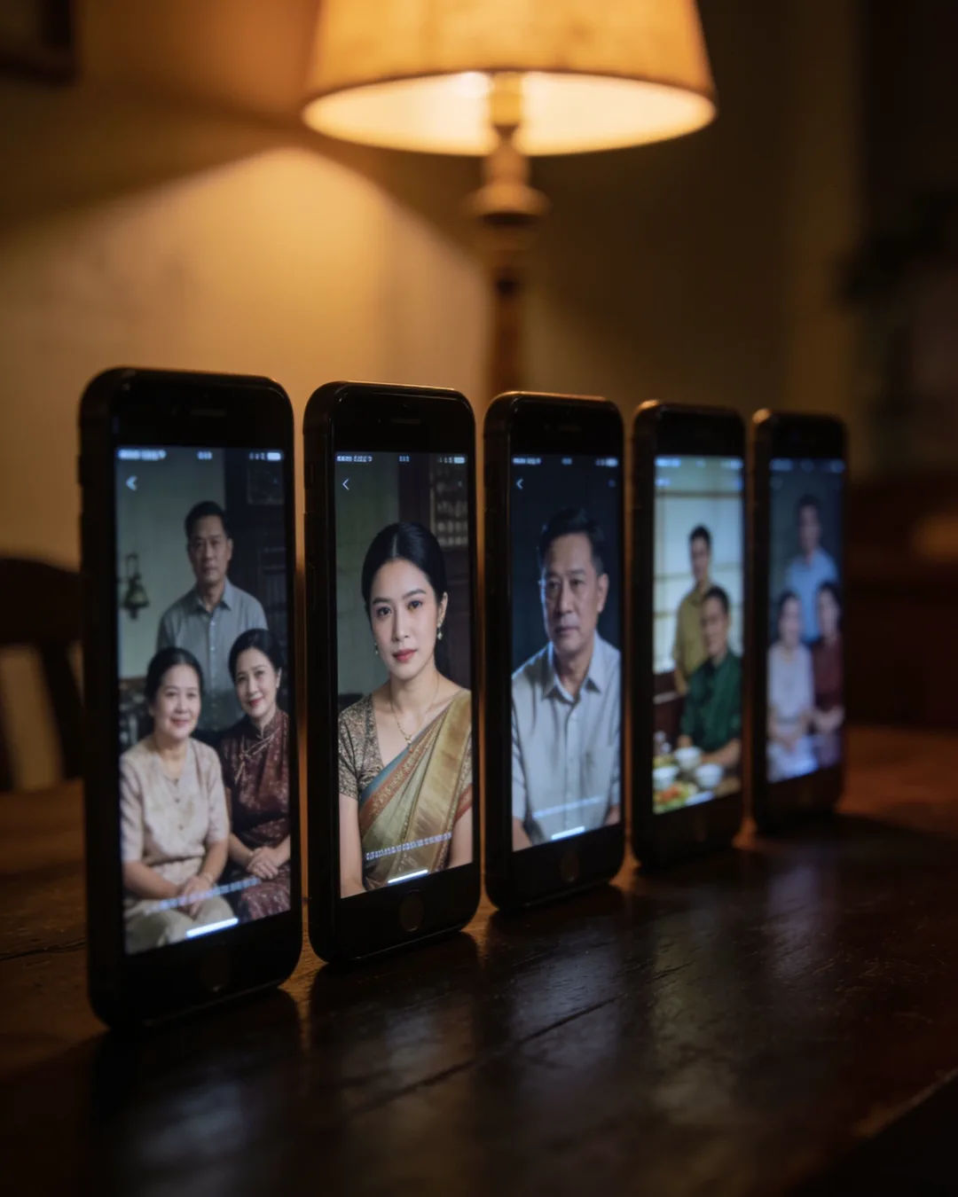 A row of phones showing episodes of the same family drama series