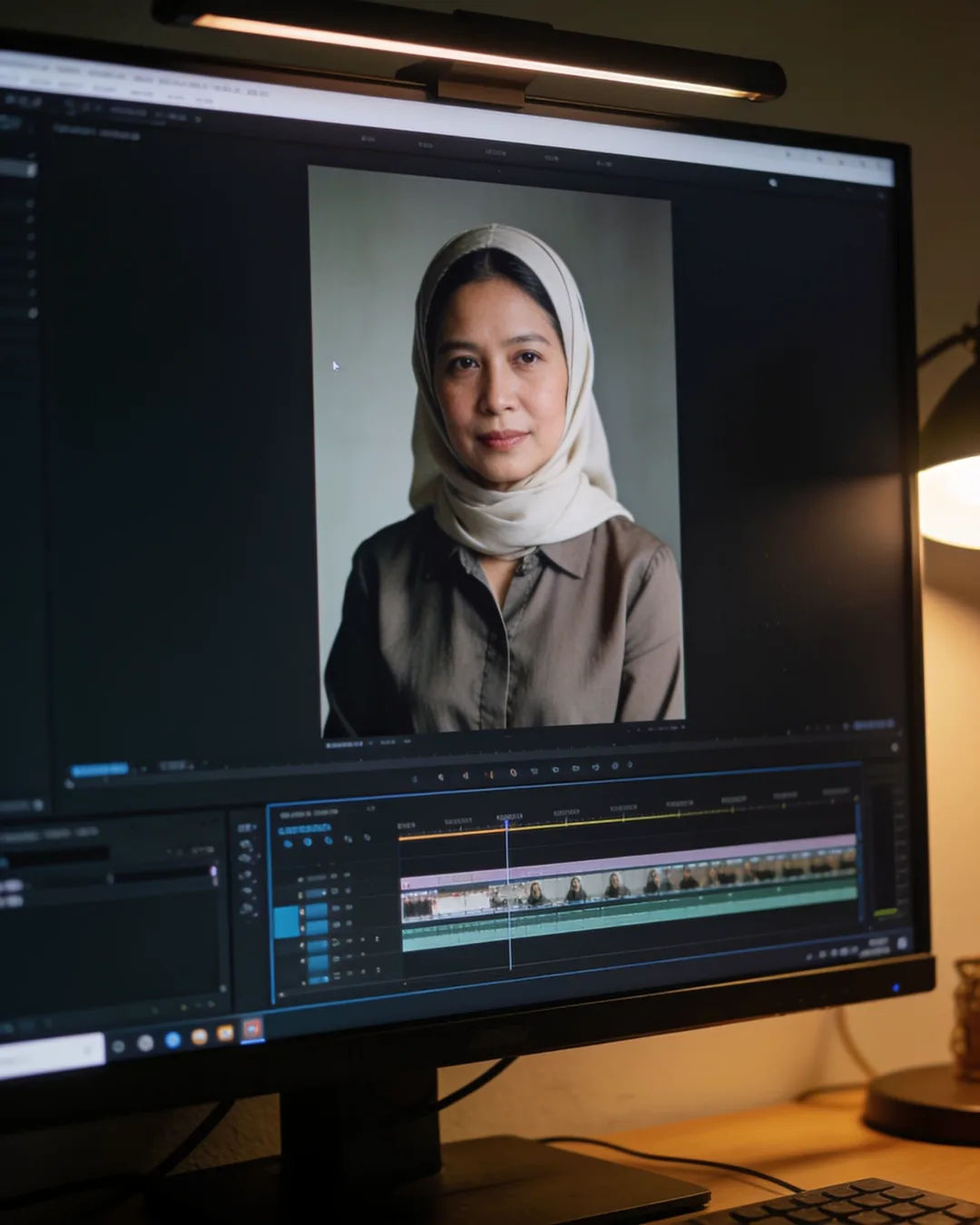An editing suite with a vertical frame of a Sundanese Indonesian woman in a simple modern blouse with a light headscarf above a timeline