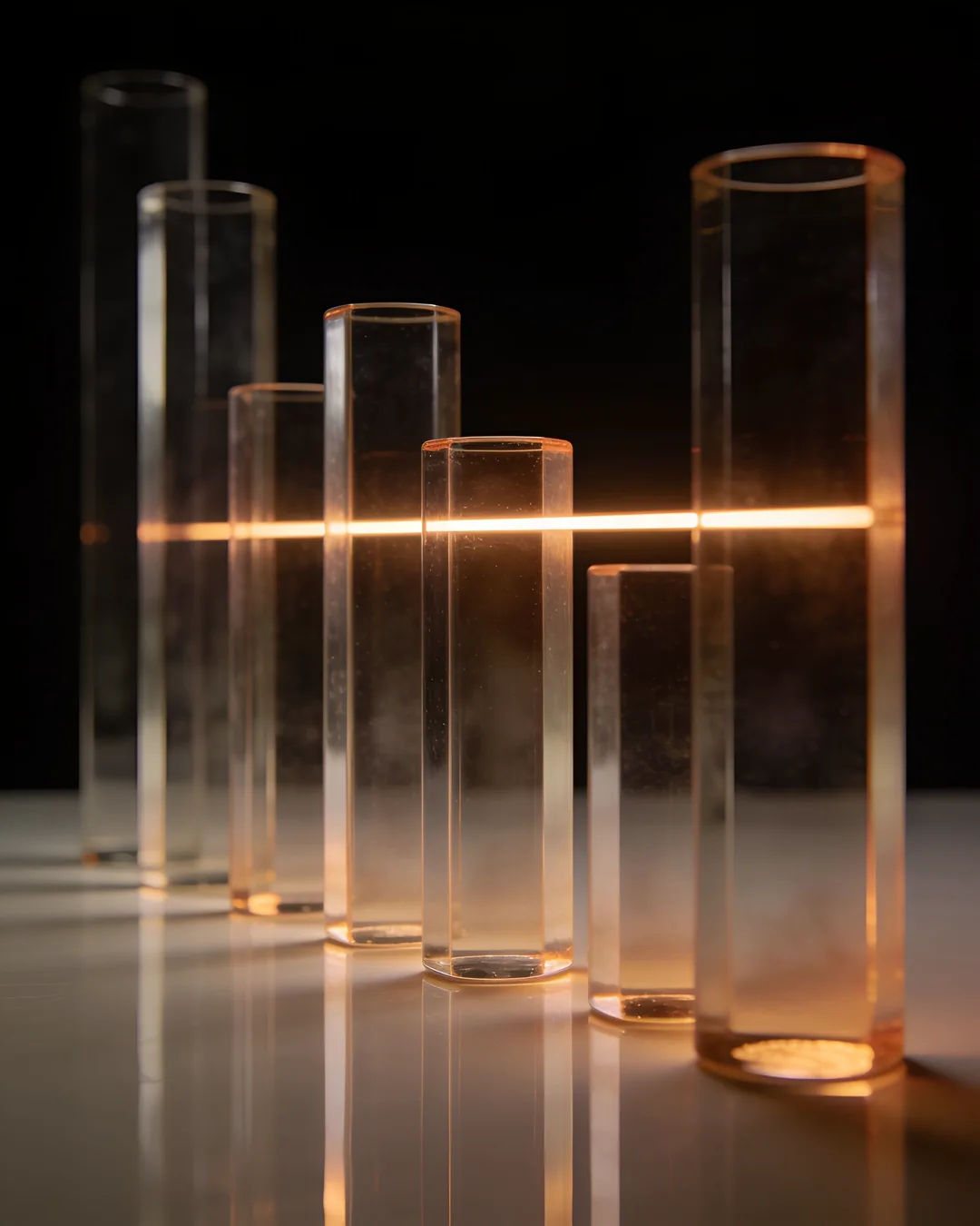 Glass columns of different heights with a glowing limit line