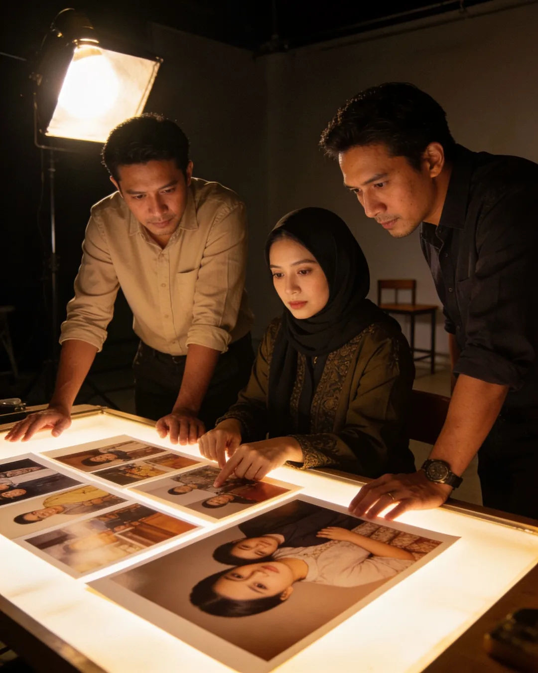 A Sundanese Indonesian production team reviewing printed frames on a lit table