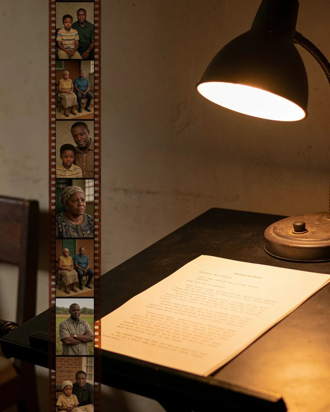 A screenplay page under a desk lamp beside a strip of film frames from a family drama