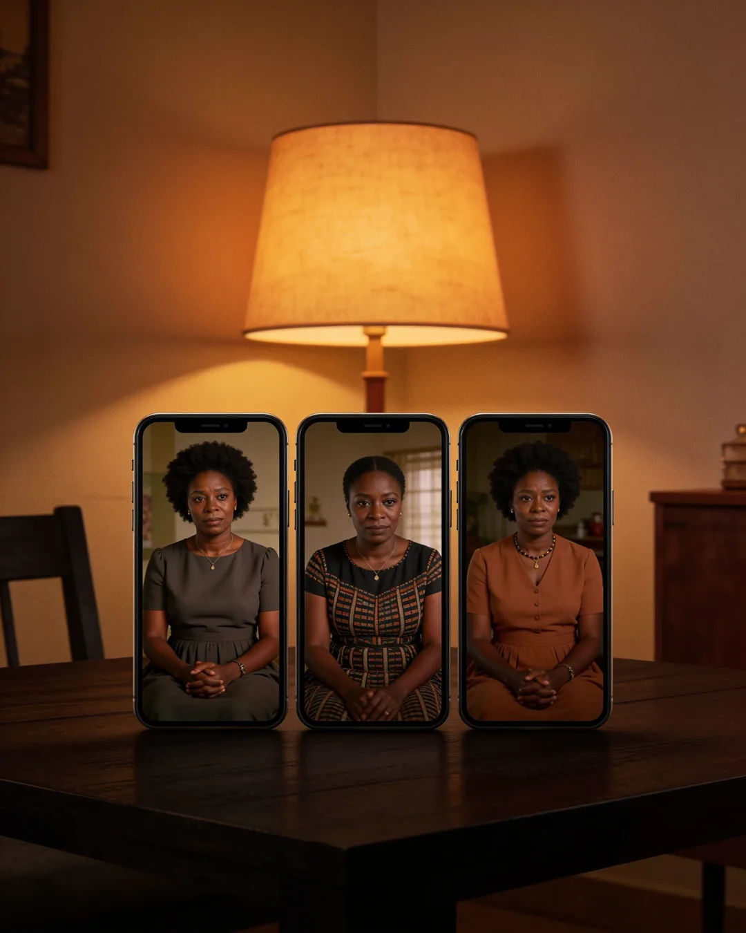 The same Swazi woman in a simple modern dress on three vertical phone screens