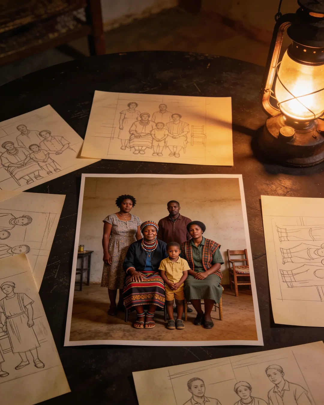 Pencil storyboard sketches around a finished photo of a Swazi family scene