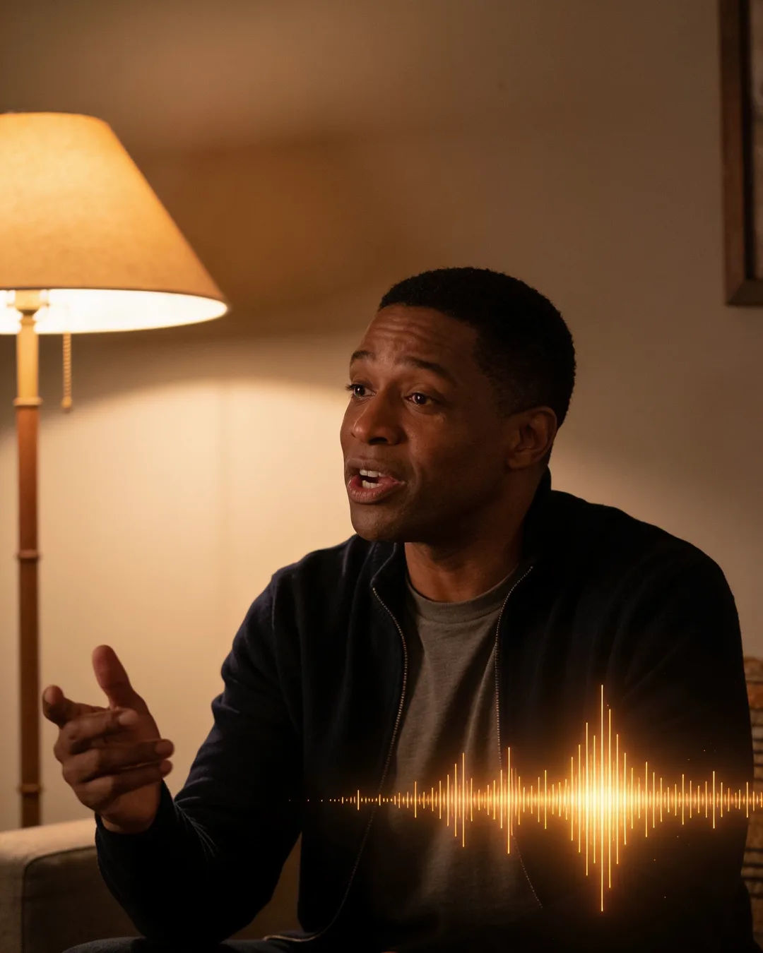 A man speaking at home at night, a sound waveform beside him
