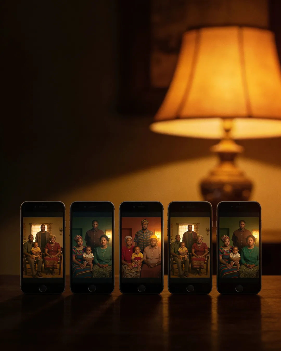 A row of phones showing episodes of the same Swazi drama series