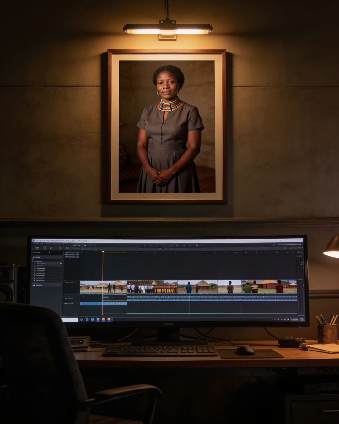 An editing suite with a vertical frame of a Swazi woman in a simple modern dress above a timeline