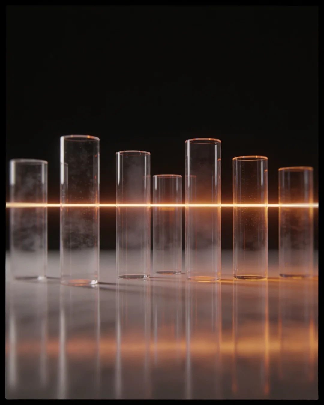 Glass columns of different heights with a glowing limit line