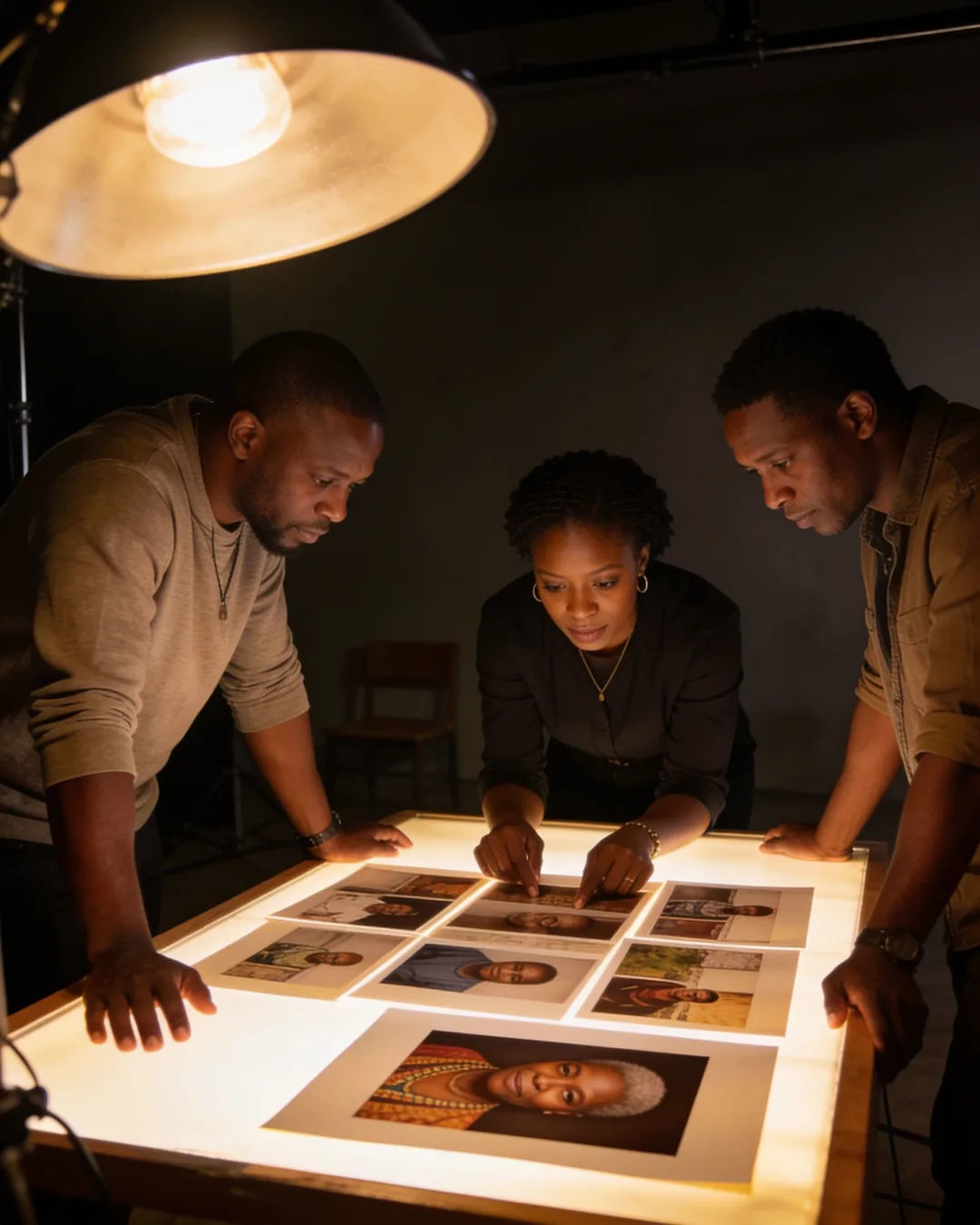A Swazi production team reviewing printed frames on a lit table
