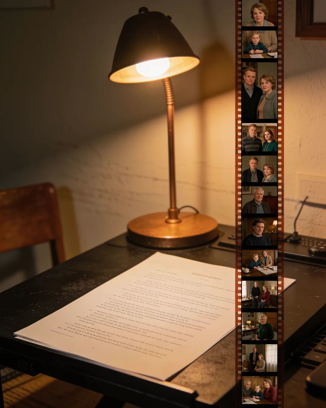 A screenplay page under a desk lamp beside a strip of film frames from a Swedish family drama