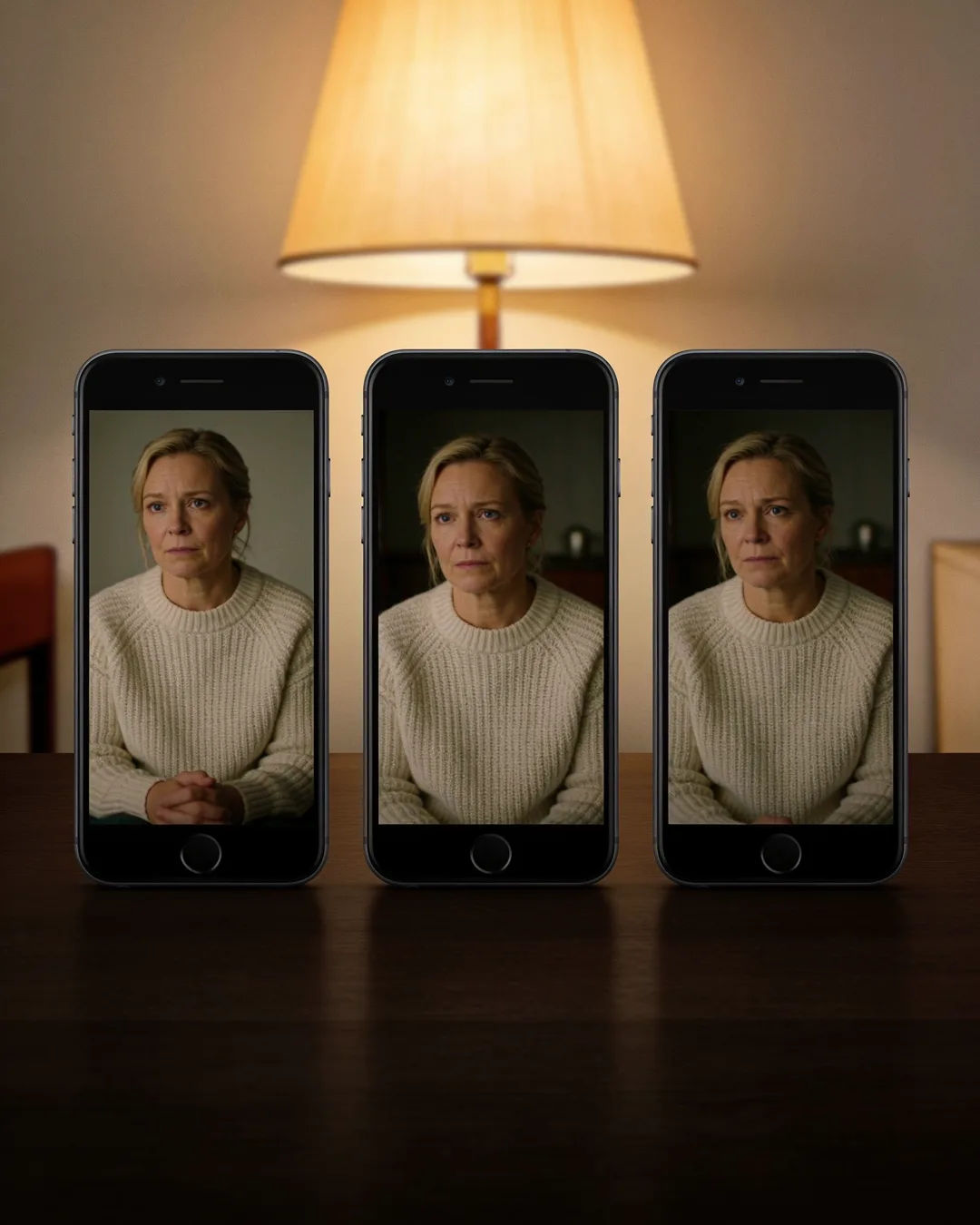 The same Swedish woman in a cream knit sweater on three vertical phone screens