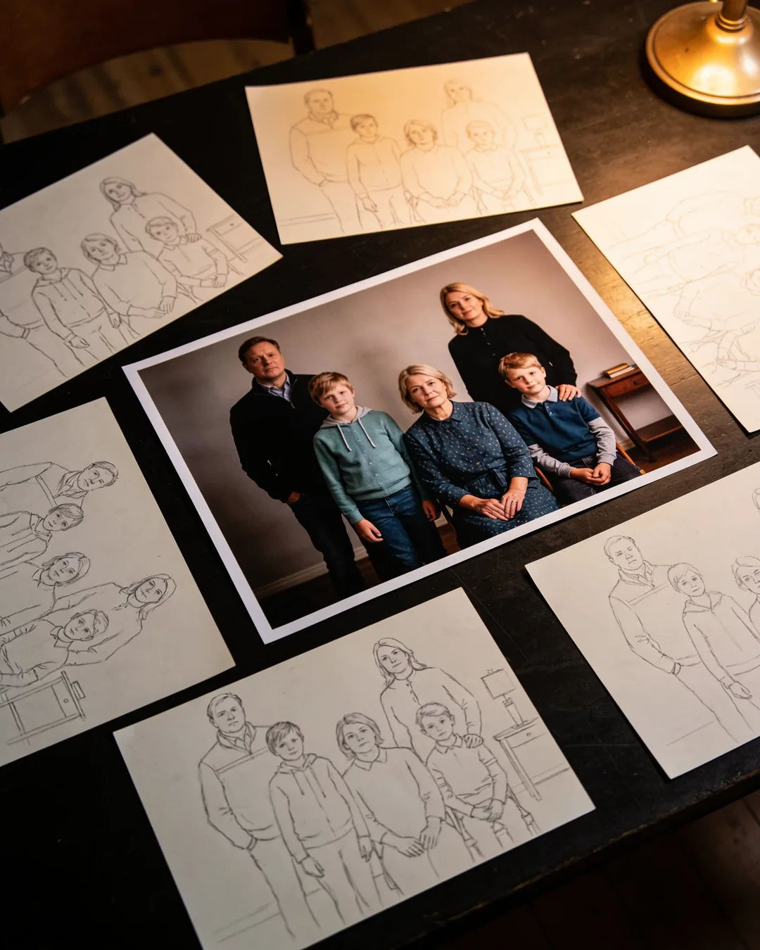 Pencil storyboard sketches around a finished photo of a Swedish family scene