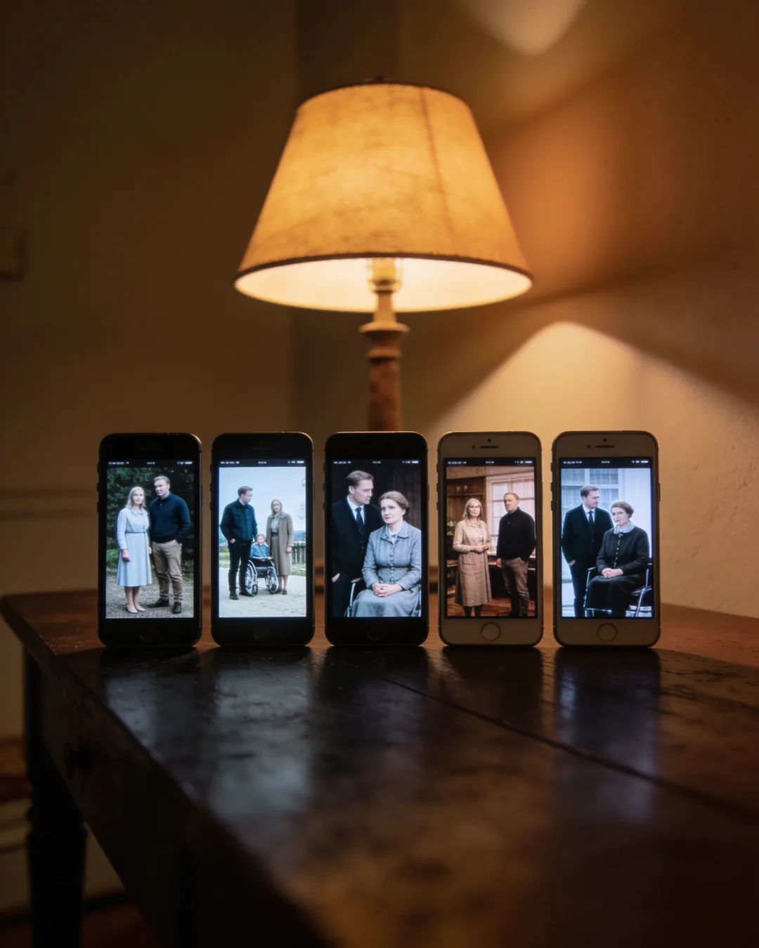 A row of phones showing episodes of the same Swedish drama series