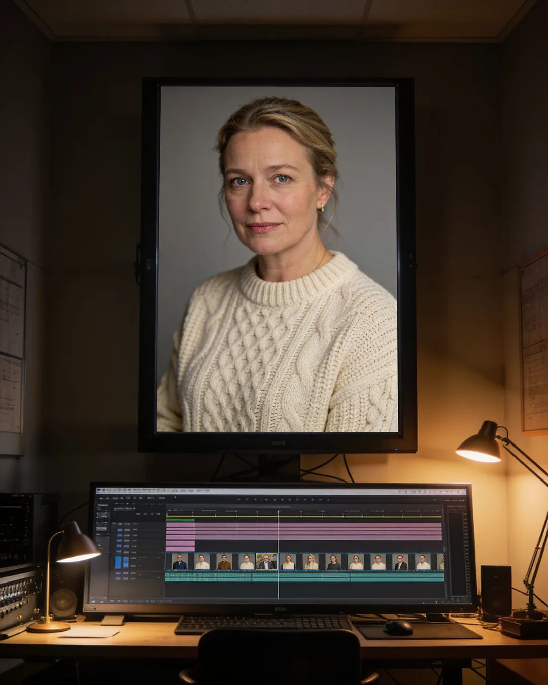 An editing suite with a vertical frame of a Swedish woman in a cream knit sweater above a timeline