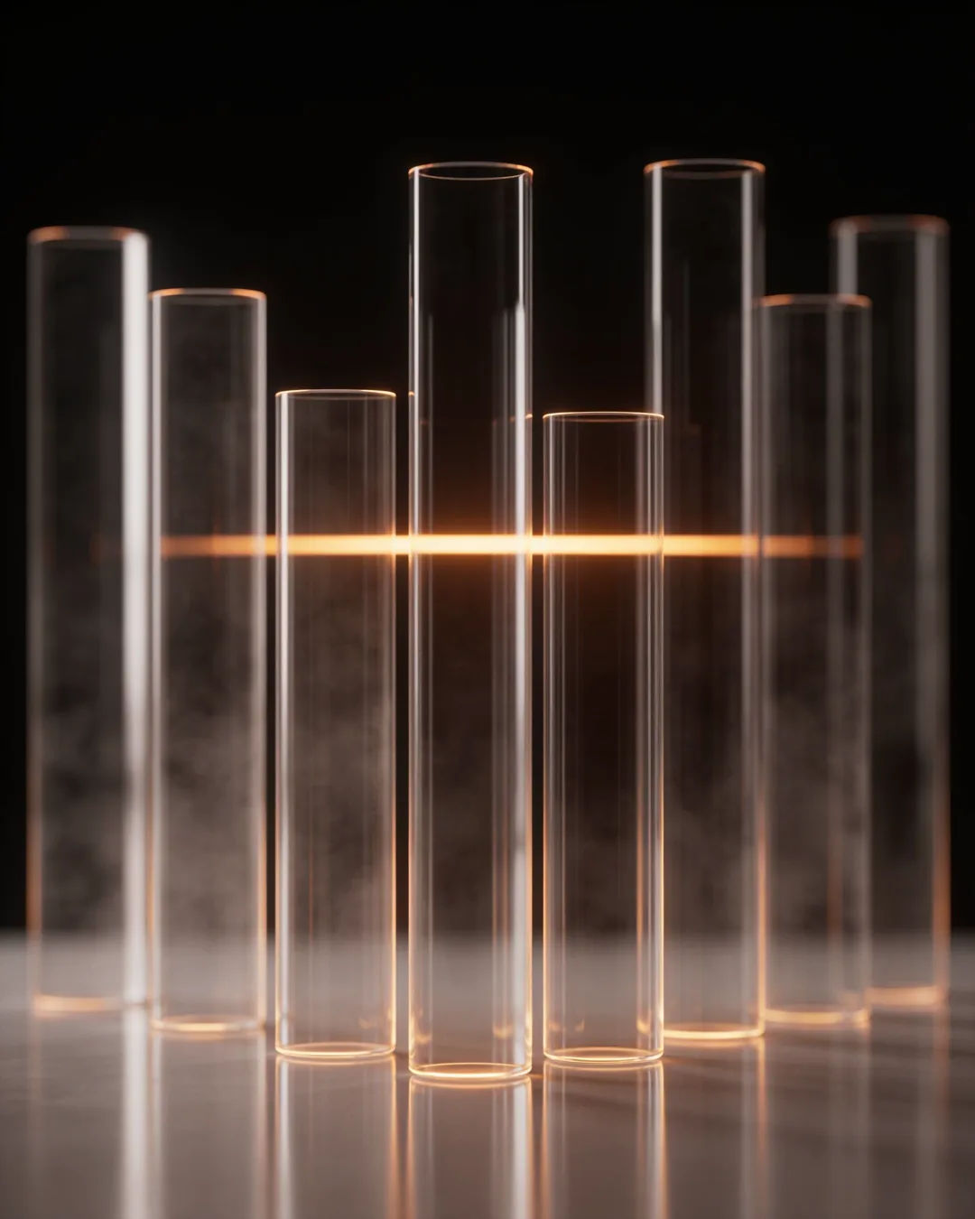 Glass columns of different heights with a glowing limit line