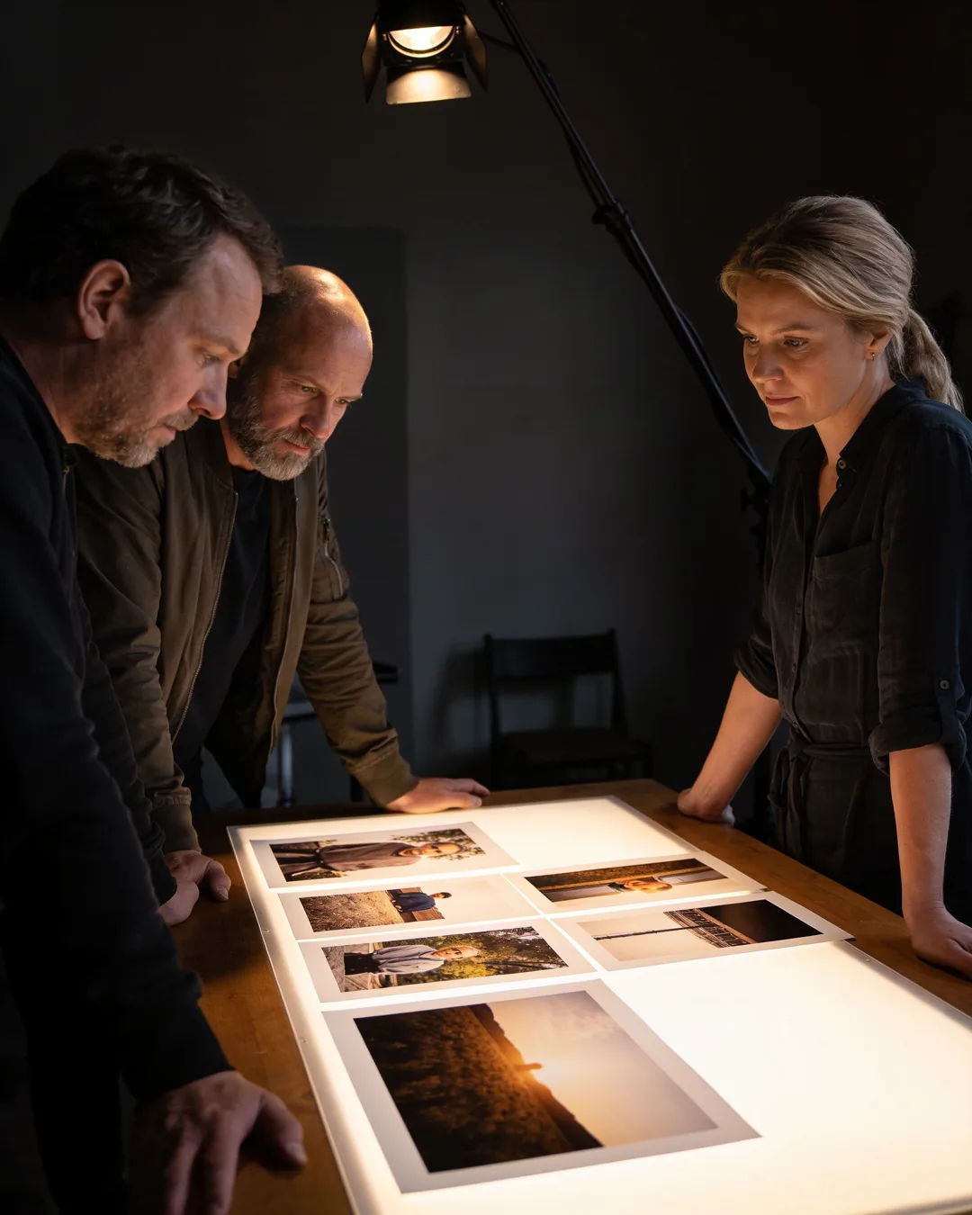 A Swedish production team reviewing printed frames on a lit table