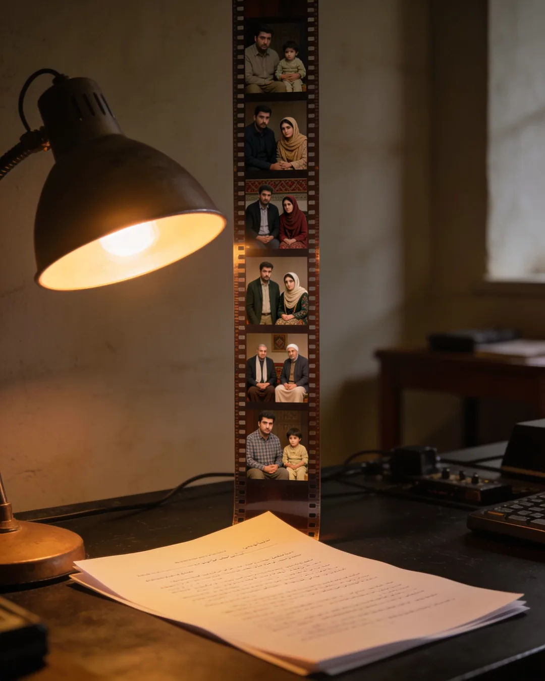 A screenplay page under a desk lamp beside a strip of film frames from a Tajik family drama