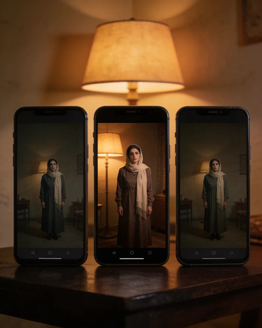 The same Tajik woman in a modest long dress with a light scarf on three vertical phone screens