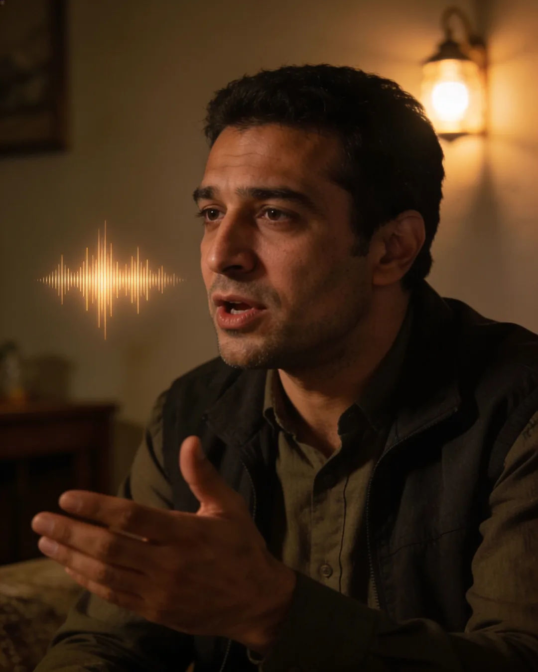 A Tajik man speaking at home at night, a sound waveform beside him