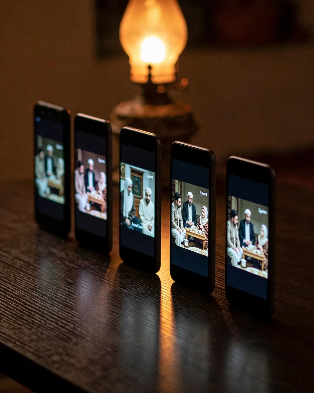 A row of phones showing episodes of the same Tajik drama series