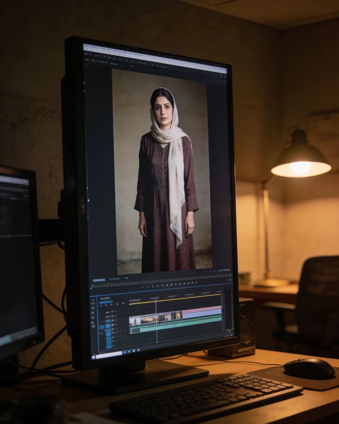An editing suite with a vertical frame of a Tajik woman in a modest long dress with a light scarf above a timeline