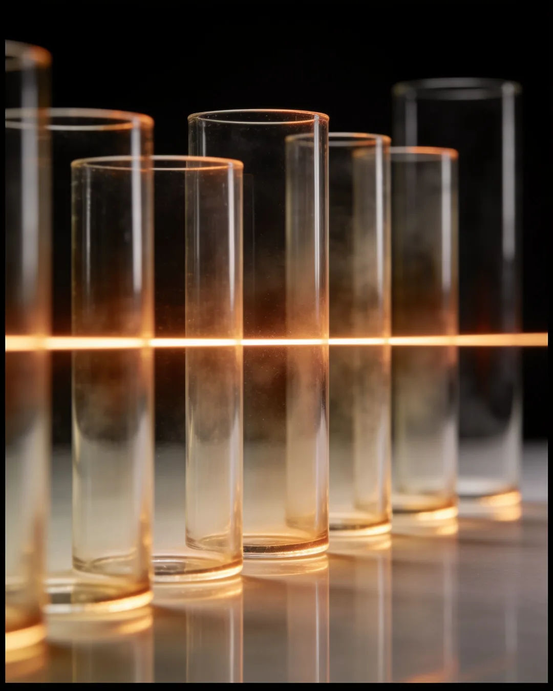 Glass columns of different heights with a glowing limit line
