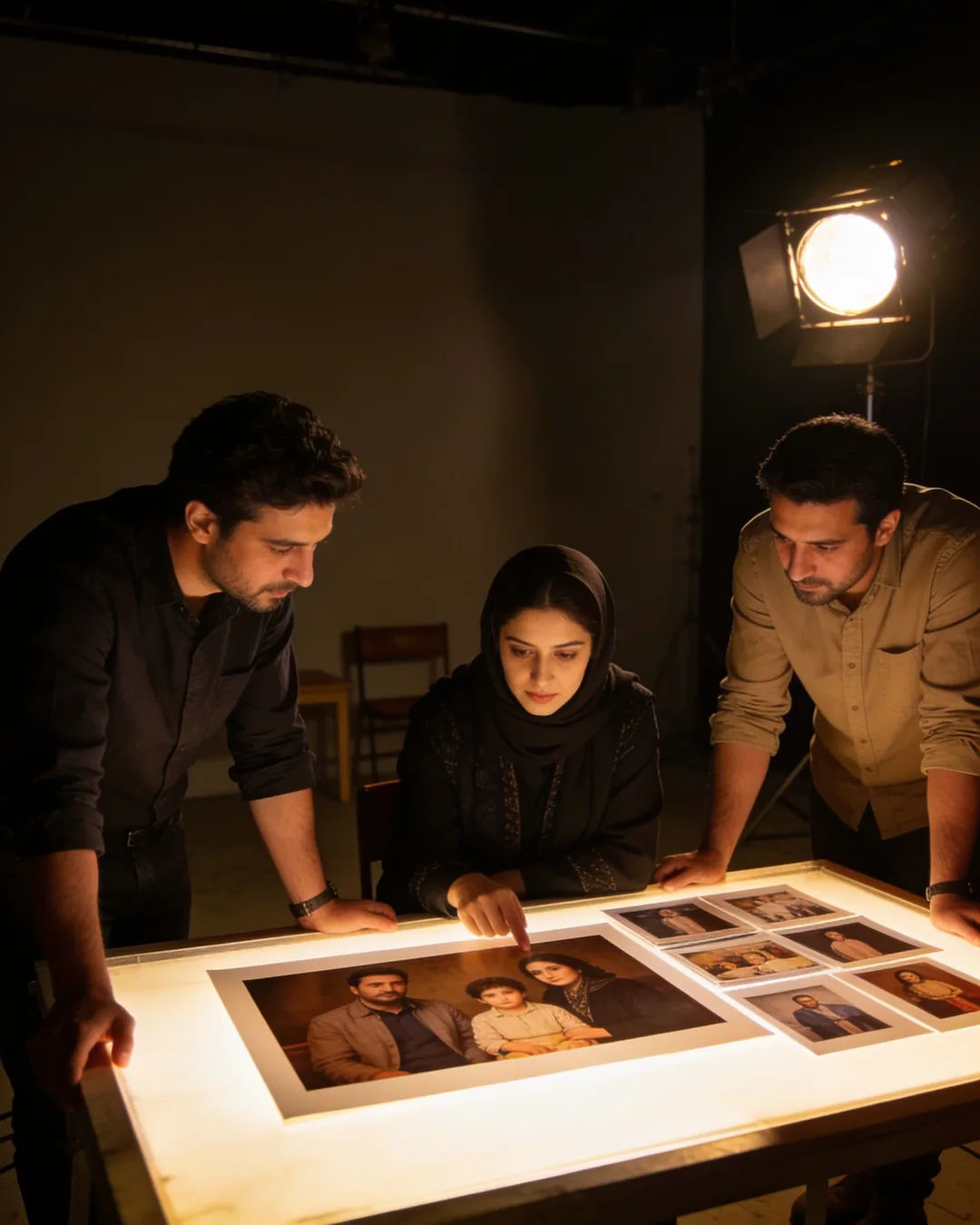 A Tajik production team reviewing printed frames on a lit table