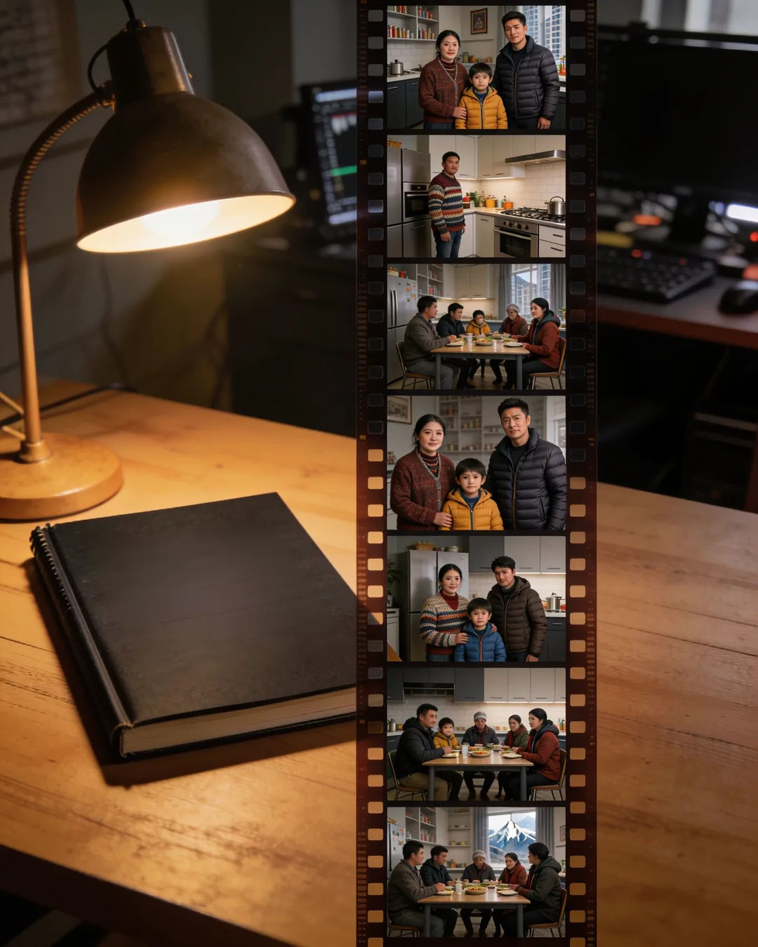 A closed script under a desk lamp beside a strip of film frames from a family drama
