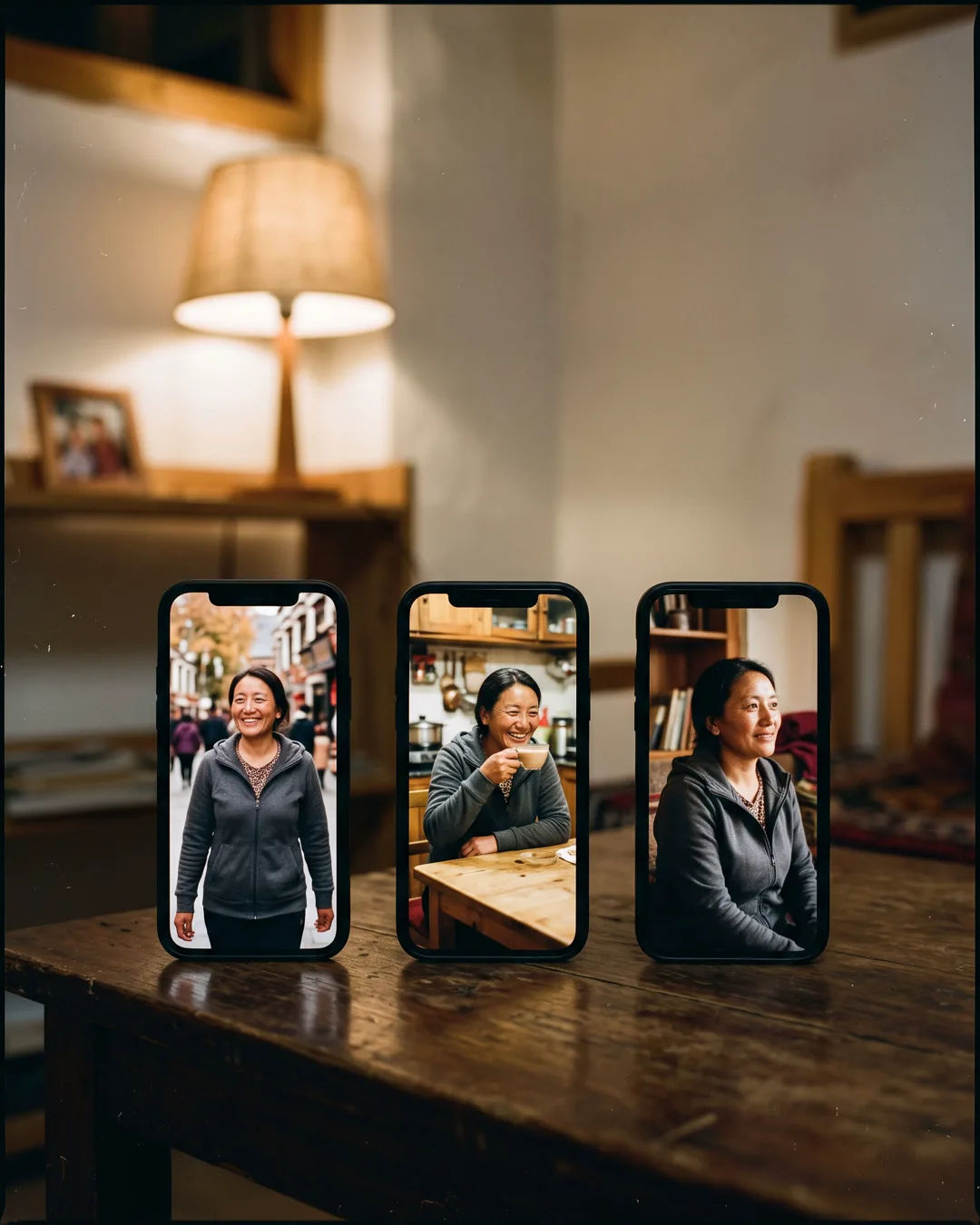 The same Tibetan woman in a plain modern jacket on three vertical phone screens