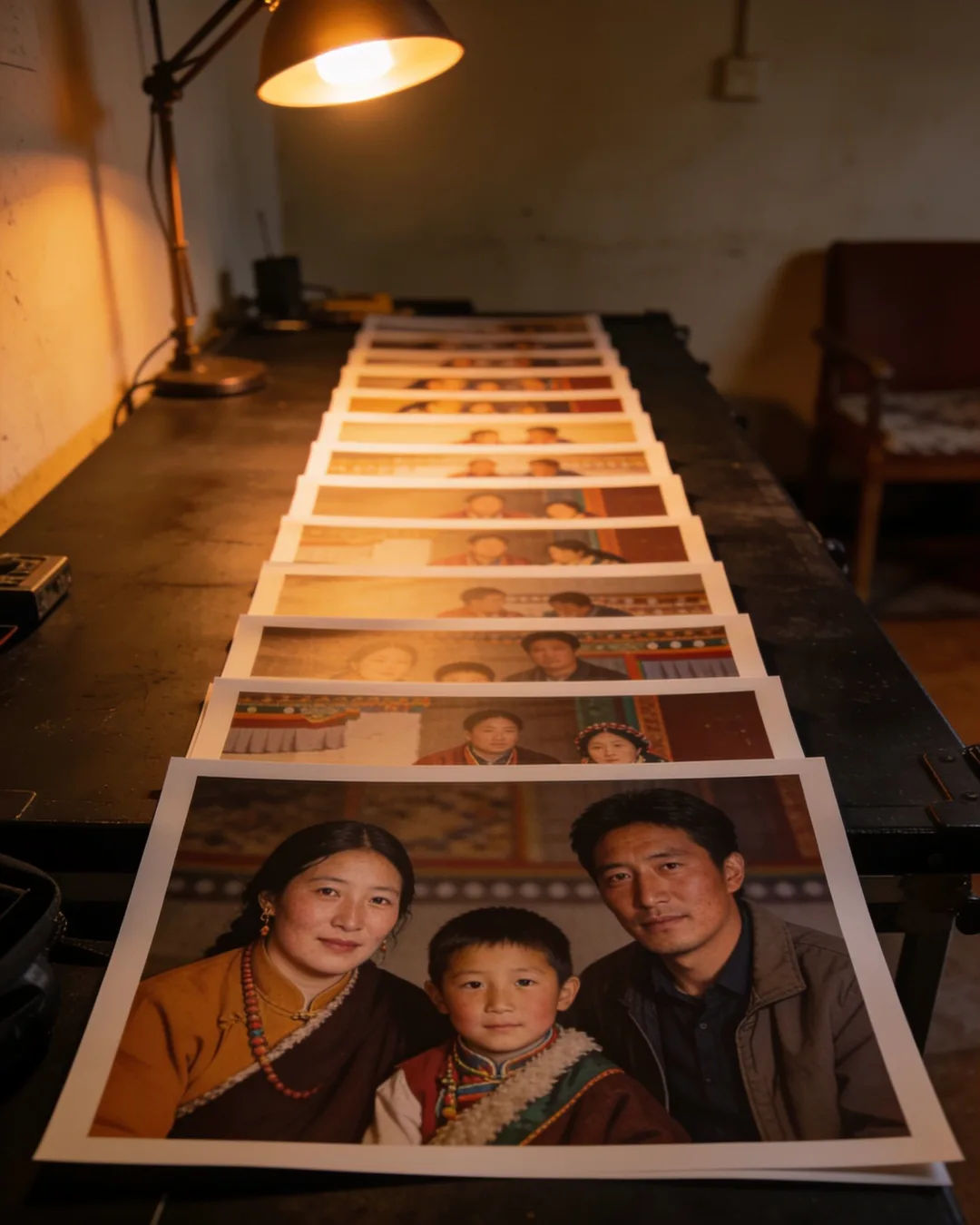 Storyboard cards of a Tibetan family drama laid out on a production table