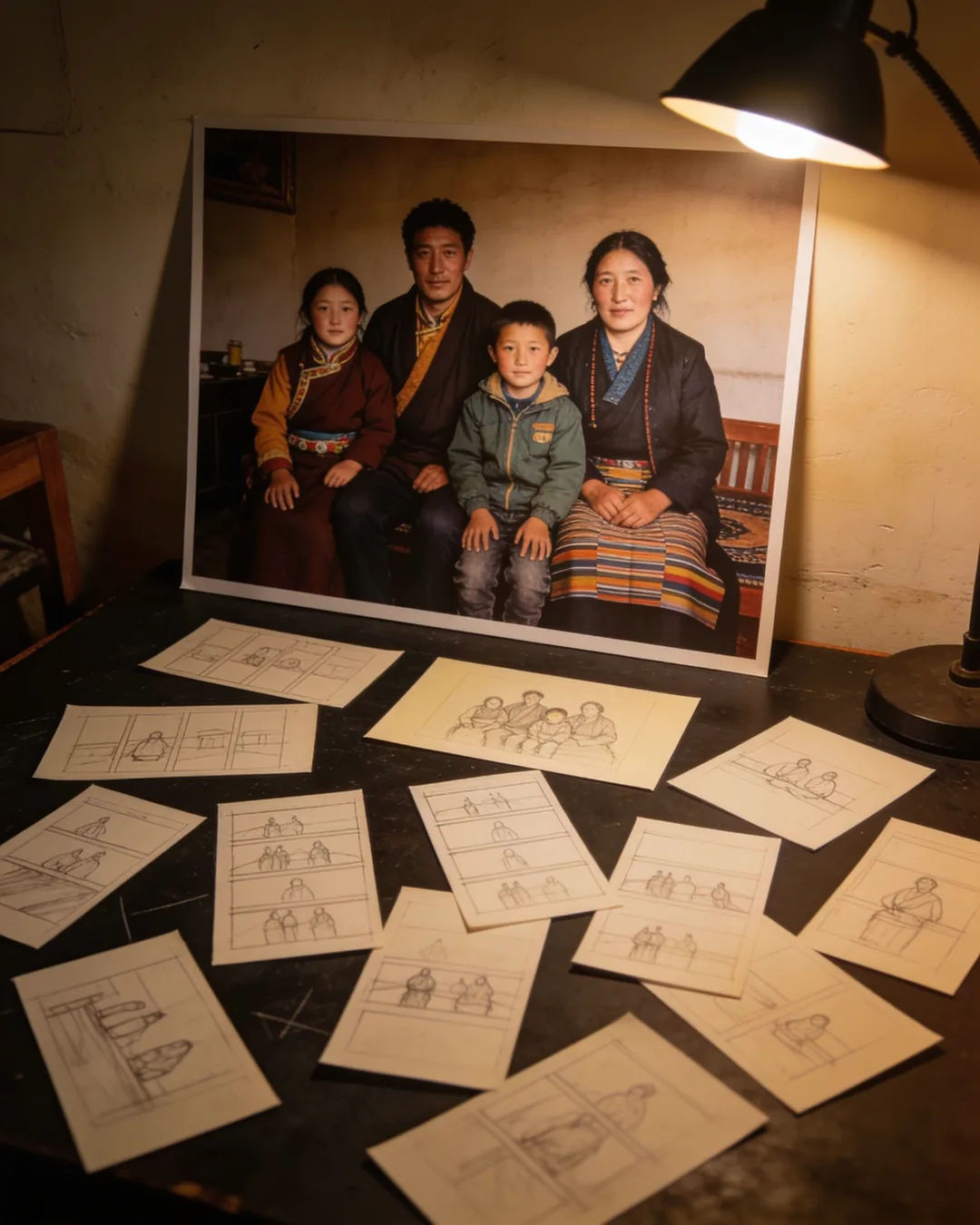 Pencil storyboard sketches around a finished photo of a Tibetan family scene